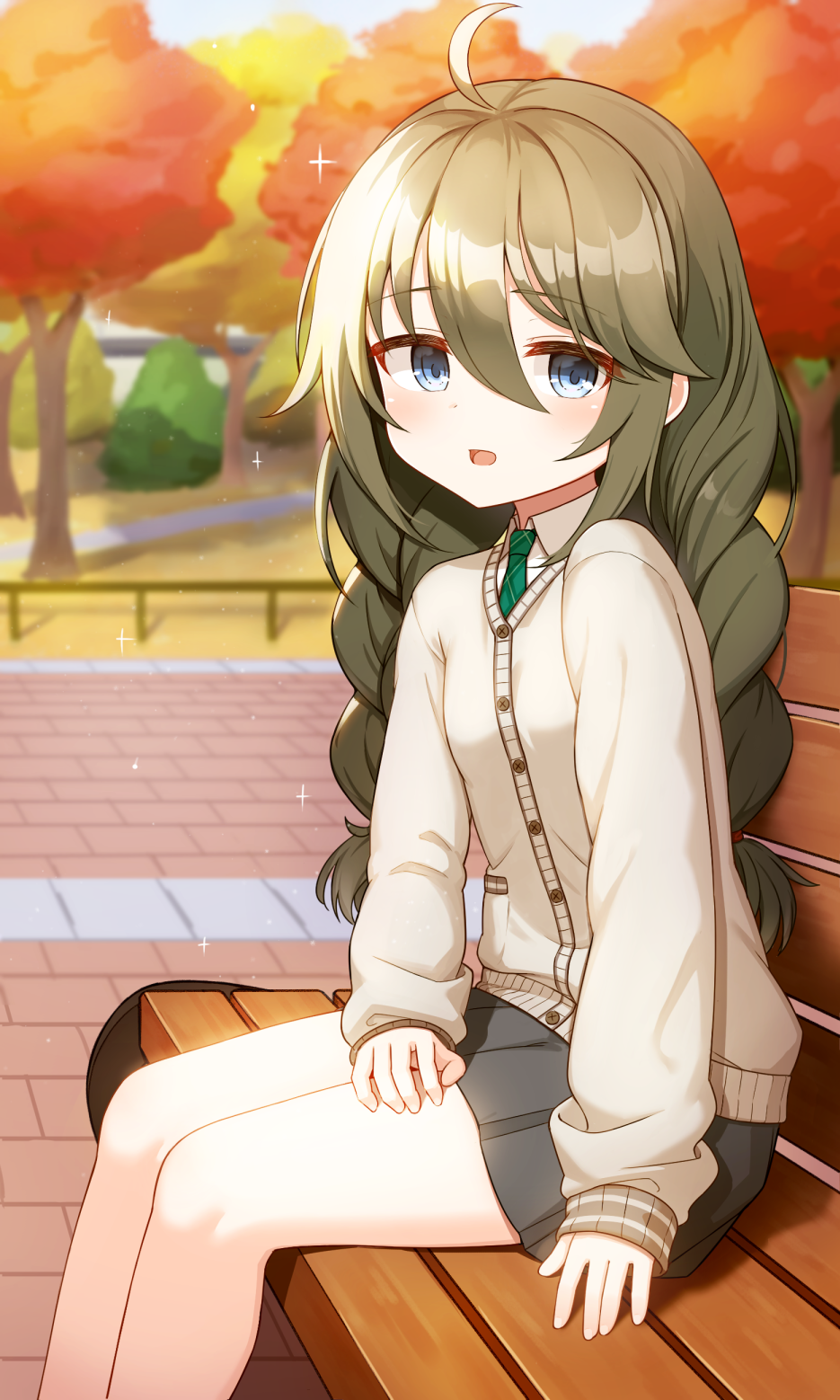 1girl ahoge autumn_leaves bangs banned_artist bench black_skirt blue_eyes blush braid brown_cardigan cardigan collared_shirt commentary_request cp00 day eyebrows_visible_through_hair feet_out_of_frame green_hair green_neckwear hair_between_eyes highres long_hair long_sleeves looking_at_viewer necktie on_bench open_mouth outdoors park_bench plaid_neckwear pleated_skirt princess_connect! school_uniform shirt sitting skirt sleeves_past_wrists solo tree twin_braids very_long_hair white_shirt yuni_(princess_connect!)
