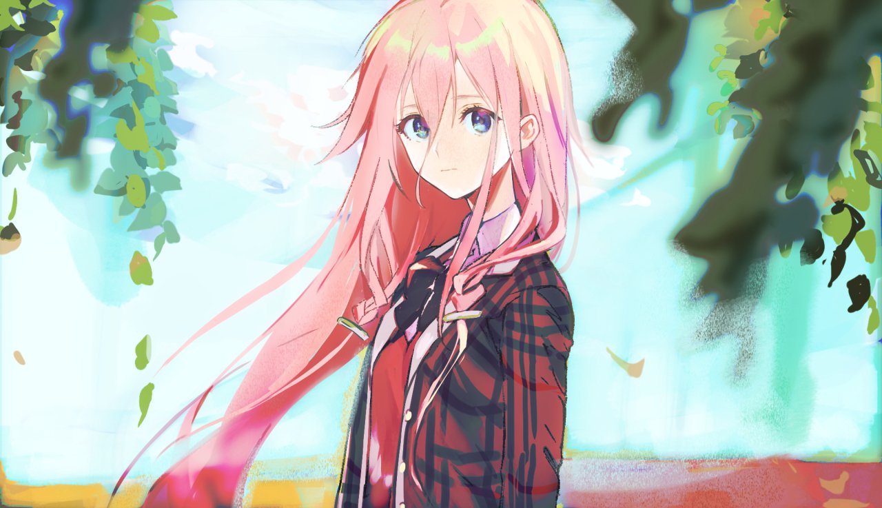 1girl andedalive blue_eyes branch cevio commentary english_commentary expressionless hair_tie ia_(vocaloid) jacket leaf long_hair looking_at_viewer necktie outdoors pink_hair plaid plaid_jacket red_jacket red_neckwear side_braids solo upper_body very_long_hair vocaloid