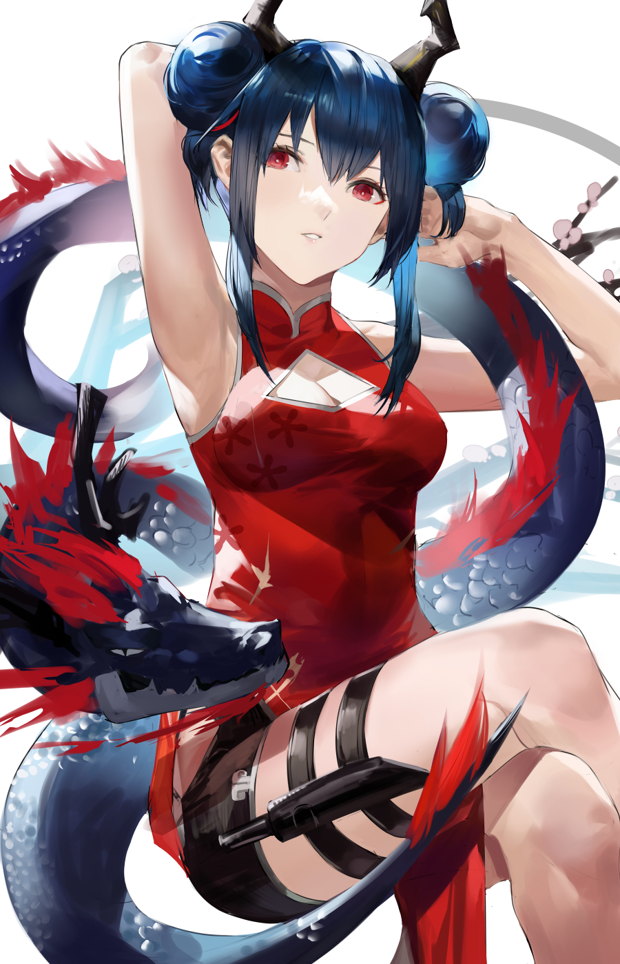 1girl arknights arm_behind_head black_shorts blazpu blue_hair ch'en_(ageless_afterglow)_(arknights) ch'en_(arknights) china_dress chinese_clothes commentary crossed_legs double_bun dragon dragon_girl dragon_horns dragon_tail dress eastern_dragon feet_out_of_frame hair_between_eyes highres horns looking_at_viewer official_alternate_costume parted_lips red_dress red_eyes short_hair_with_long_locks short_shorts shorts sidelocks sitting sleeveless sleeveless_dress solo tail thigh_strap white_background