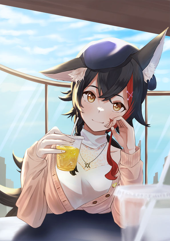 1girl animal_ears bare_shoulders beige_cardigan beret black_hair blush braid cardigan closed_mouth cup daichi_(daichi_catcat) disposable_cup elbows_on_table flipped_hair hair_ornament hair_twirling hairclip hat head_rest holding holding_cup hololive jewelry long_hair looking_at_viewer low_ponytail multicolored_hair necklace ookami_mio pov_across_table redhead shirt side_braid sidelocks sleeveless sleeveless_shirt smile solo streaked_hair virtual_youtuber white_shirt wide_ponytail wolf_ears wolf_girl yellow_eyes