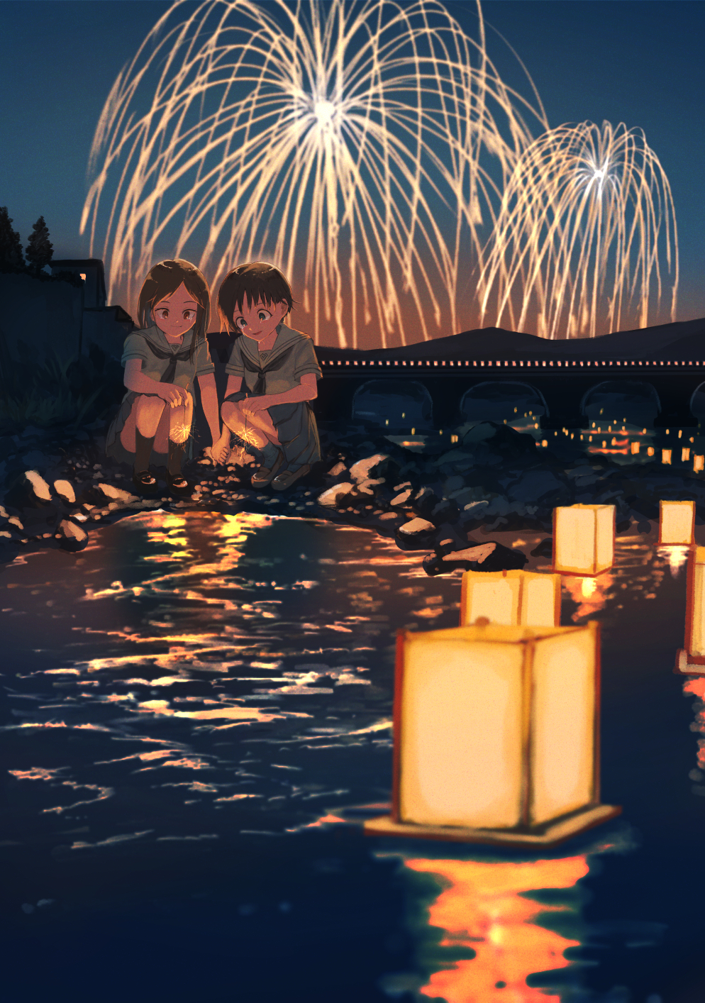 2girls black_eyes black_hair blurry bridge dark depth_of_field fireworks highres hill inami_hatoko lantern lantern_on_liquid mary_janes multiple_girls night obon open_mouth original paper_lantern reflection river scenery school_uniform serafuku shoes short_hair sky smile sparkler squatting tree water