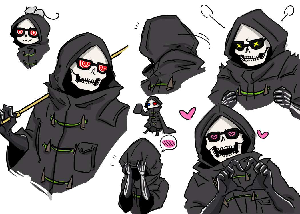 1boy 3d_glasses :3 :d bone_print chibi coke-bottle_glasses finger_heart glasses gloves heart heart_eyes hood hood_pull hood_up jacket kyuu_(ost) let_it_die male_focus mouse_on_head opaque_glasses open_mouth oversized_clothes skeleton smile uncle_death white_background