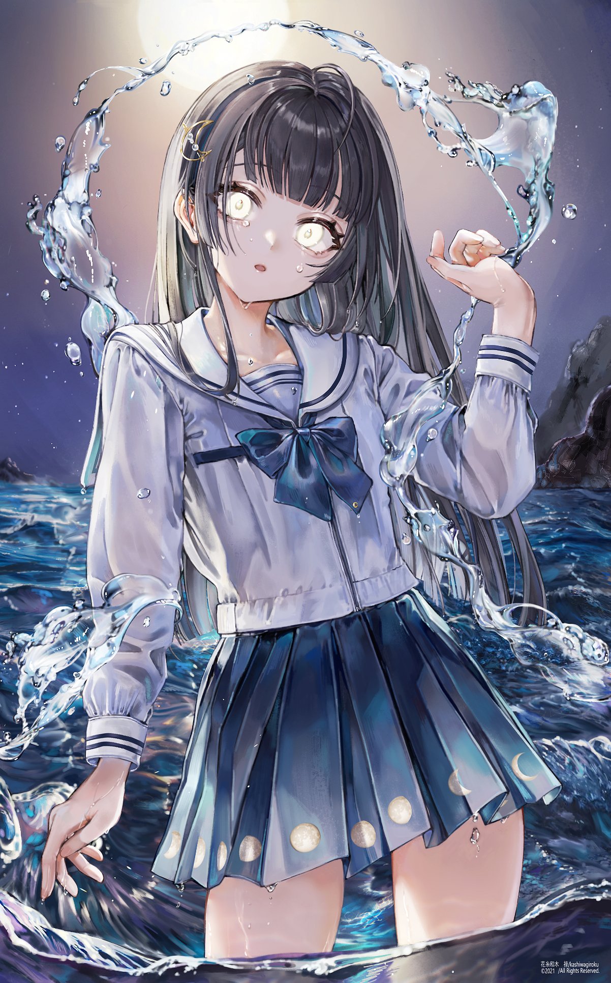 1girl bangs black_hair blue_bow blue_neckwear blue_skirt blunt_bangs bow bowtie commentary_request copyright_request cowboy_shot crescent crescent_hair_ornament eyebrows_visible_through_hair full_moon hair_ornament hand_up highres kashiwagi_0101 long_hair long_sleeves looking_at_viewer moon night night_sky ocean outdoors parted_lips pleated_skirt sailor_collar school_uniform serafuku shirt skirt sky solo standing wading water wet white_sailor_collar white_shirt yellow_eyes