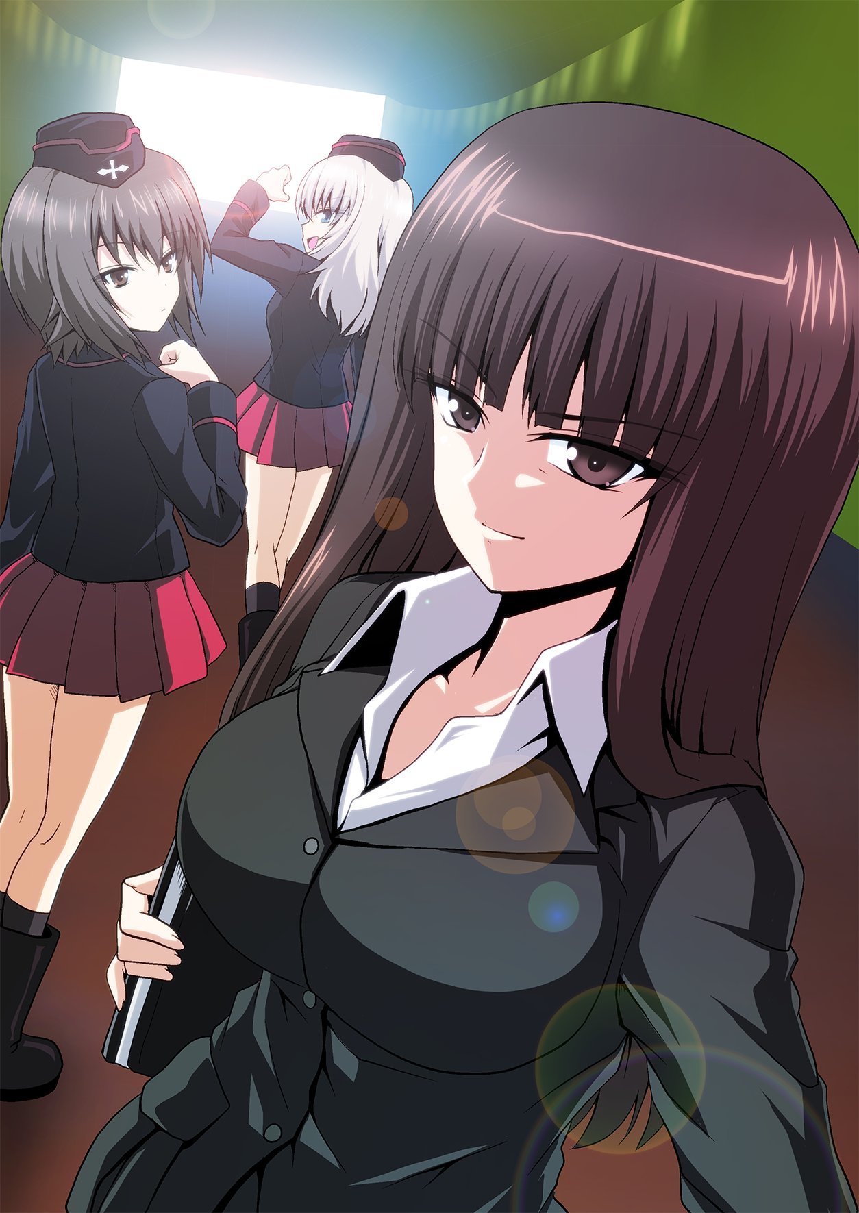 backlighting bangs black_footwear black_headwear black_jacket black_legwear blue_eyes blunt_bangs boots brown_eyes brown_hair check_commentary closed_mouth commentary_request dress_shirt eyebrows_visible_through_hair formal garrison_cap girls_und_panzer hat highres holding holding_notebook insignia itsumi_erika jacket kamishima_kanon kuromorimine_military_uniform lens_flare long_hair long_sleeves looking_at_viewer looking_back medium_hair military military_hat military_uniform miniskirt mother_and_daughter nishizumi_maho nishizumi_shiho notebook open_mouth pant_suit parody pleated_skirt red_skirt selfie shirt short_hair silver_hair skirt smile socks straight_hair suit umamusume uniform wing_collar