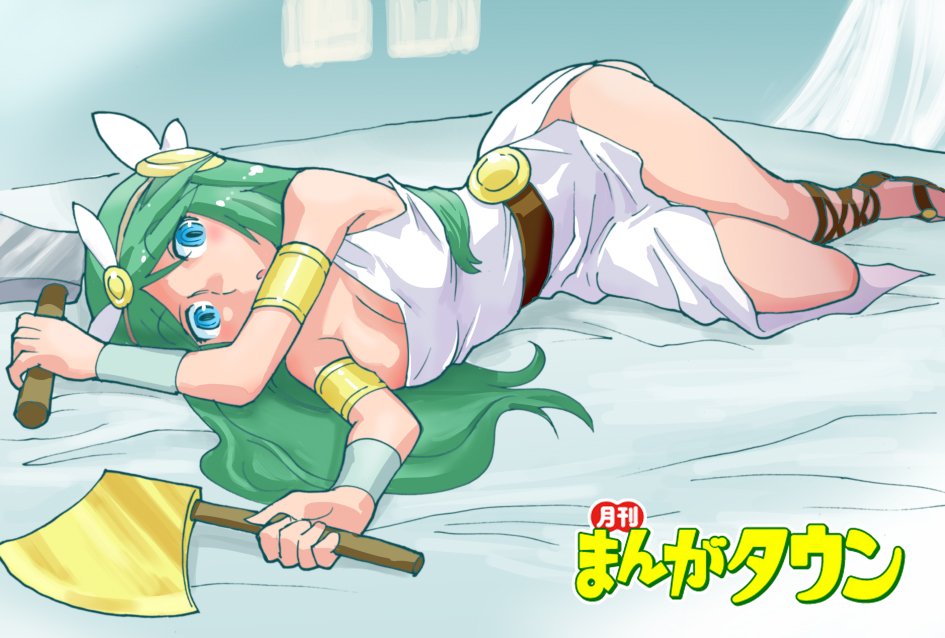 1girl axe bare_shoulders belt blue_eyes breasts dress green_eyes green_hair jewelry kid_icarus large_breasts long_hair looking_at_viewer open_mouth oyster_(artist) palutena solo very_long_hair