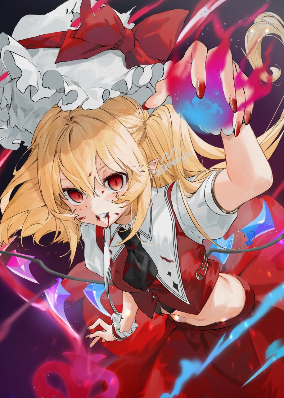 1girl ascot bangs black_neckwear blood blood_from_mouth blood_on_face breasts clenched_teeth commentary_request commission cropped_legs crystal eyebrows_visible_through_hair fingernails flandre_scarlet gotoh510 hair_between_eyes hat hat_ribbon highres laevatein_(touhou) looking_at_viewer medium_hair midriff mob_cap nail_polish pointy_ears puffy_short_sleeves puffy_sleeves red_eyes red_nails red_skirt red_vest ribbon sharp_fingernails short_sleeves side_ponytail sidelocks skeb_commission skirt slit_pupils small_breasts solo teeth touhou vest wings wrist_cuffs