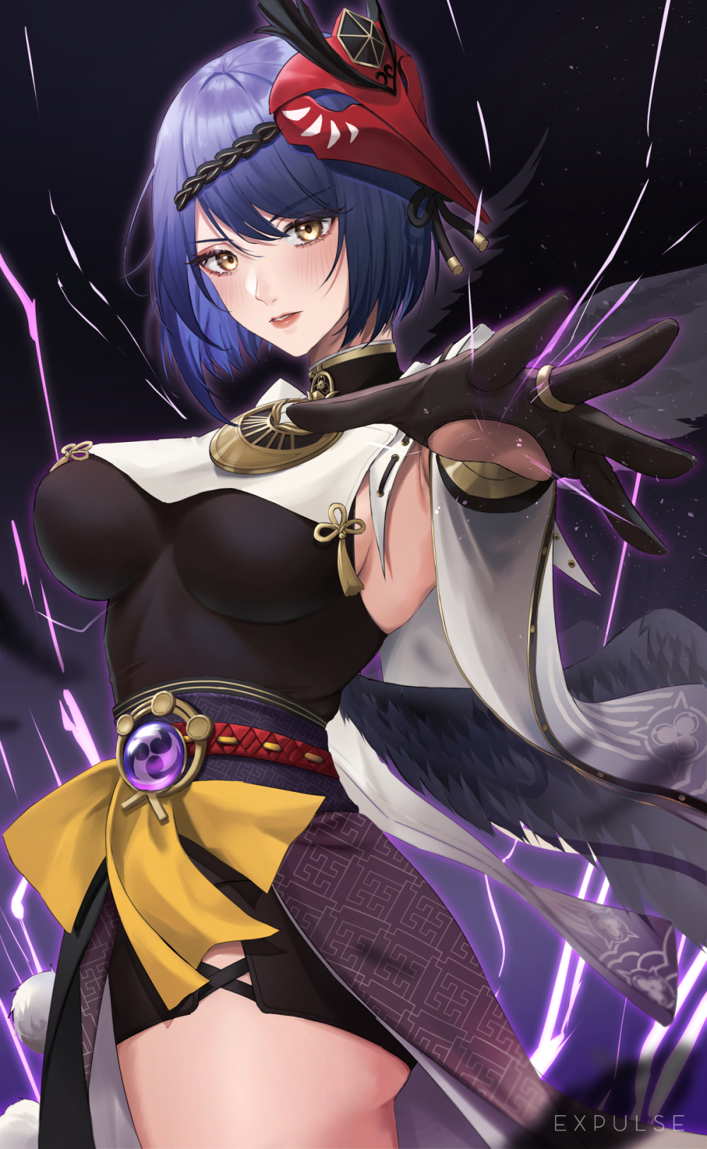 1girl armpit_crease armpits ass black_gloves black_hair black_wings blue_hair blush breasts electricity expulse genshin_impact gloves halterneck highres japanese_clothes kujou_sara large_breasts lips looking_at_viewer mask mask_on_head mitsudomoe_(shape) outstretched_arm parted_lips rope_belt solo tassel tengu_mask thighs tomoe_(symbol) vision_(genshin_impact) wings yellow_eyes