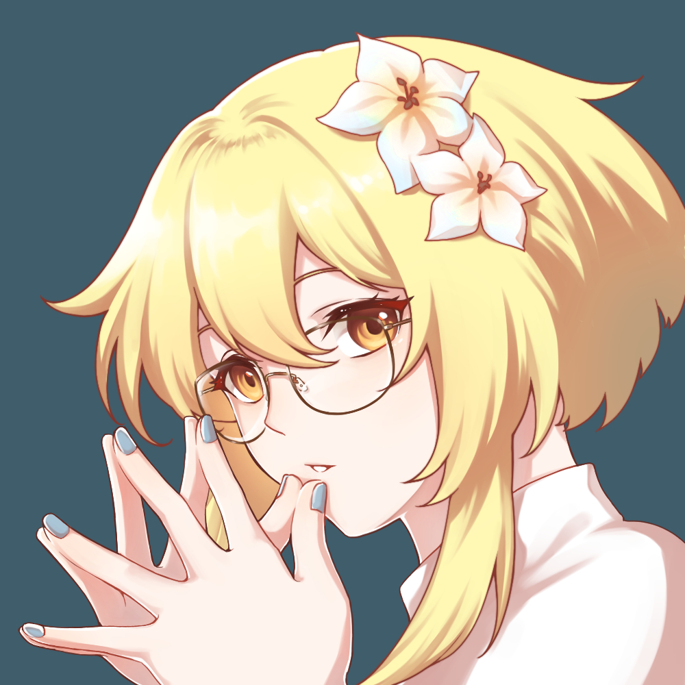 1girl alternate_costume bangs bespectacled blonde_hair brill_p casual close-up commentary_request contemporary eyebrows_visible_through_hair flower genshin_impact glasses hair_between_eyes hair_flower hair_ornament hands_together looking_at_viewer lumine_(genshin_impact) parted_bangs parted_lips shirt short_hair short_hair_with_long_locks sidelocks solo turtleneck white_shirt yellow_eyes
