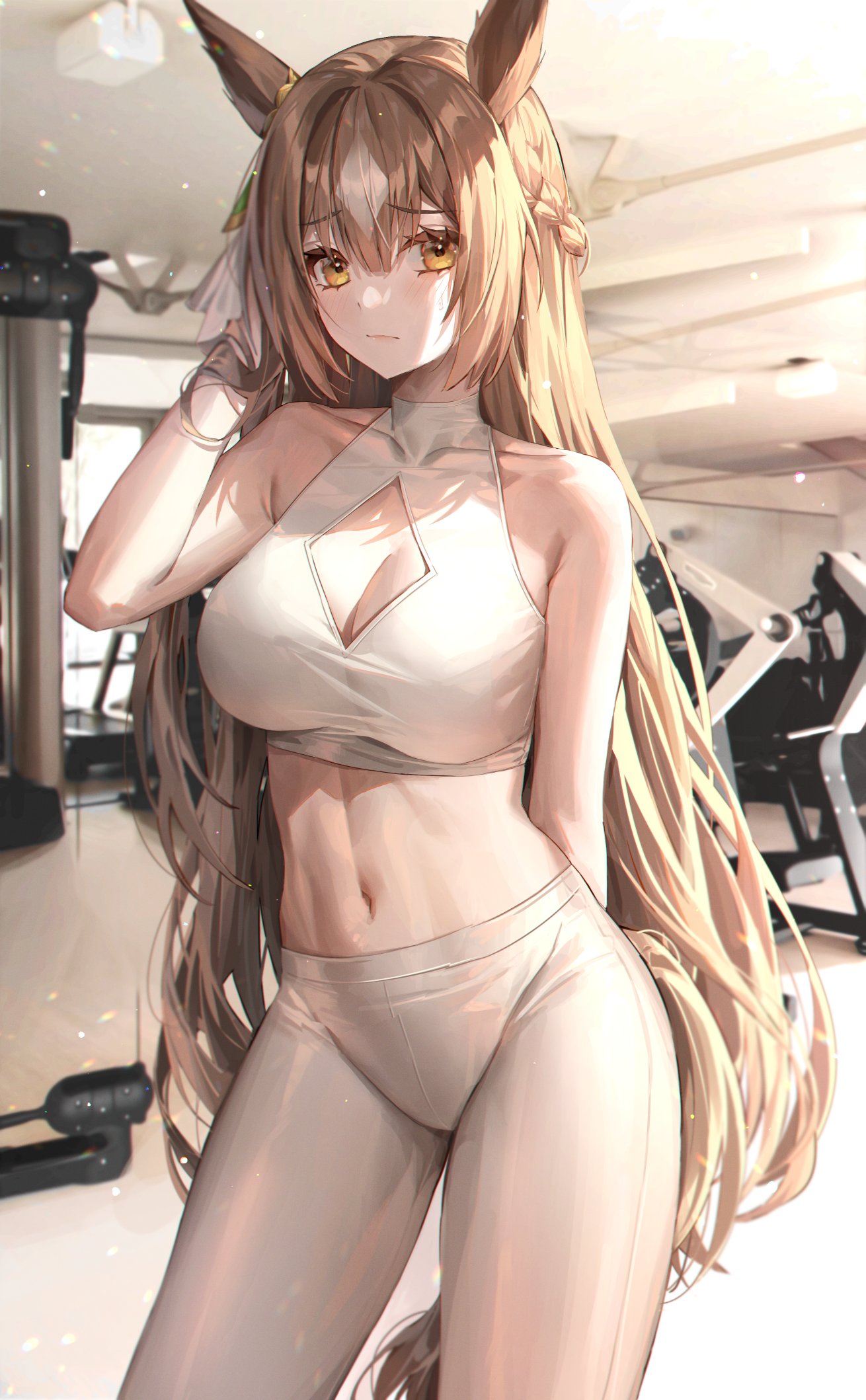 1girl animal_ears bare_shoulders blush breasts brown_eyes brown_hair closed_mouth collarbone commentary_request ear_ribbon green_ribbon highres horse_ears horse_girl horse_tail indoors large_breasts long_hair looking_at_viewer midriff minttchocok navel pants ribbon satono_diamond_(umamusume) solo standing tail umamusume very_long_hair white_pants yoga_pants