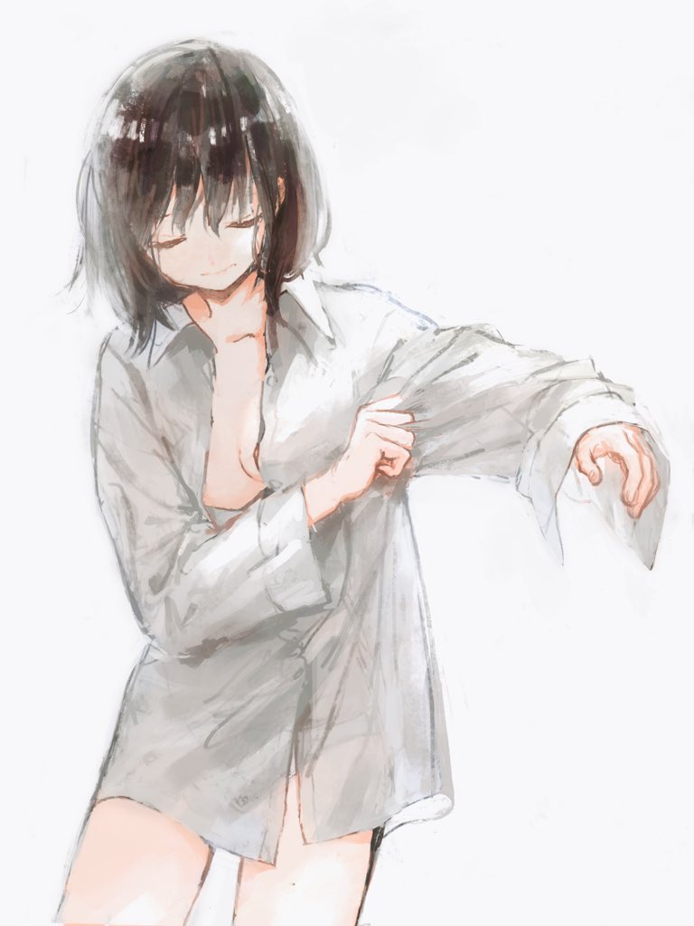 1girl brown_hair closed_eyes closed_mouth cowboy_shot dressing facing_viewer long_sleeves medium_hair naked_shirt original shirt simple_background smile solo standing tentsuu_(tentwo) white_background