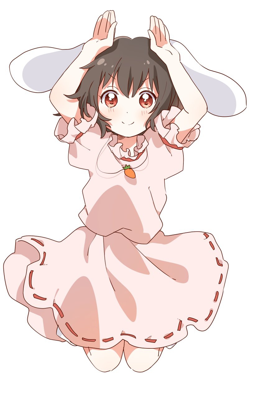 1girl animal_ears arms_up bangs black_hair blush carrot_necklace closed_mouth commentary_request dress floppy_ears frilled_dress frilled_sleeves frills full_body highres inaba_tewi jewelry jumping looking_at_viewer pendant pink_dress rabbit_ears ribbon-trimmed_dress sasaki_sakiko short_hair simple_background smile solo touhou white_background