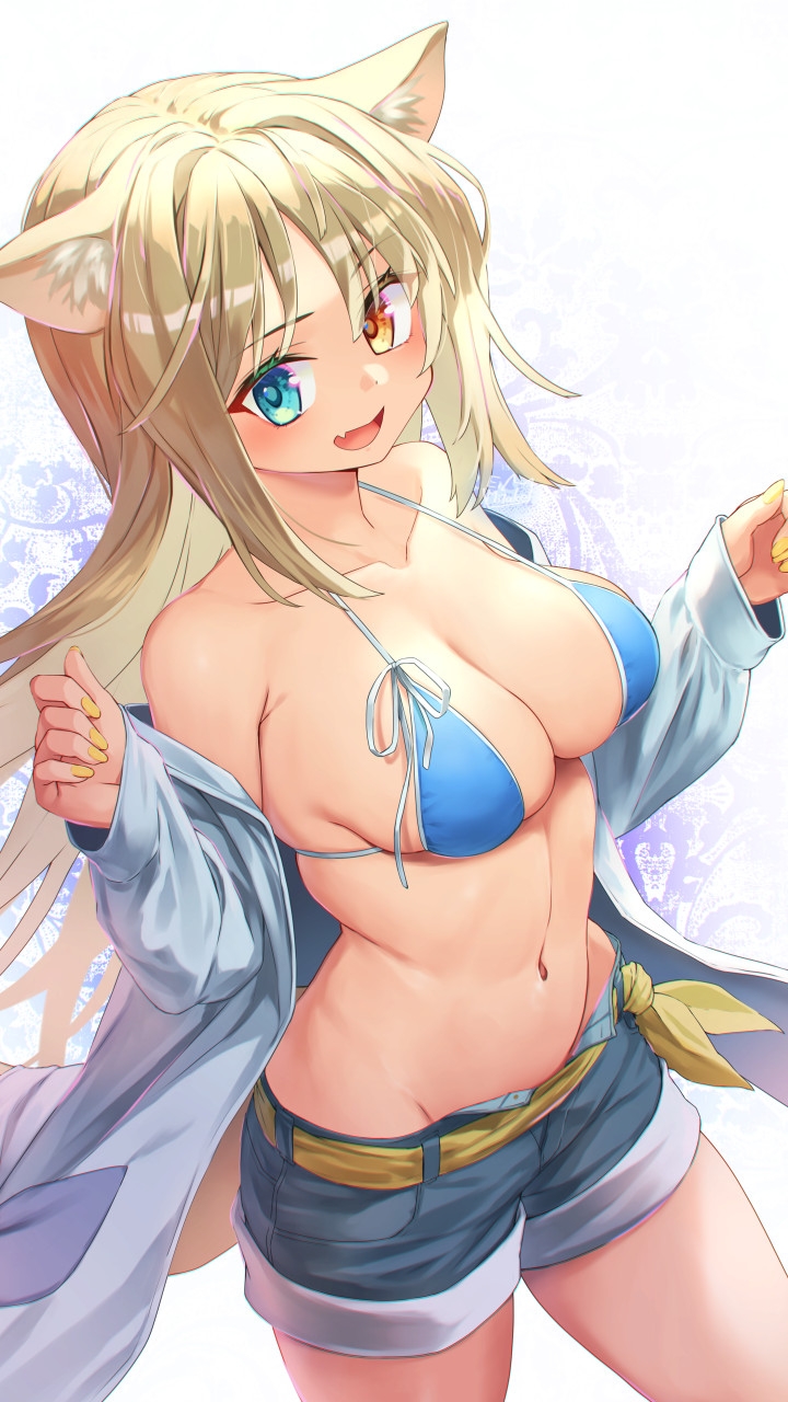 1girl animal_ear_fluff animal_ears bikini bikini_top blonde_hair blue_bikini blue_eyes blue_shorts breasts collarbone commentary_request eyebrows_visible_through_hair fang fingernails heterochromia highres long_hair looking_at_viewer medium_breasts mitake_eil nail_polish navel open_mouth orange_eyes original shorts smile solo swimsuit thighs white_background yellow_nails