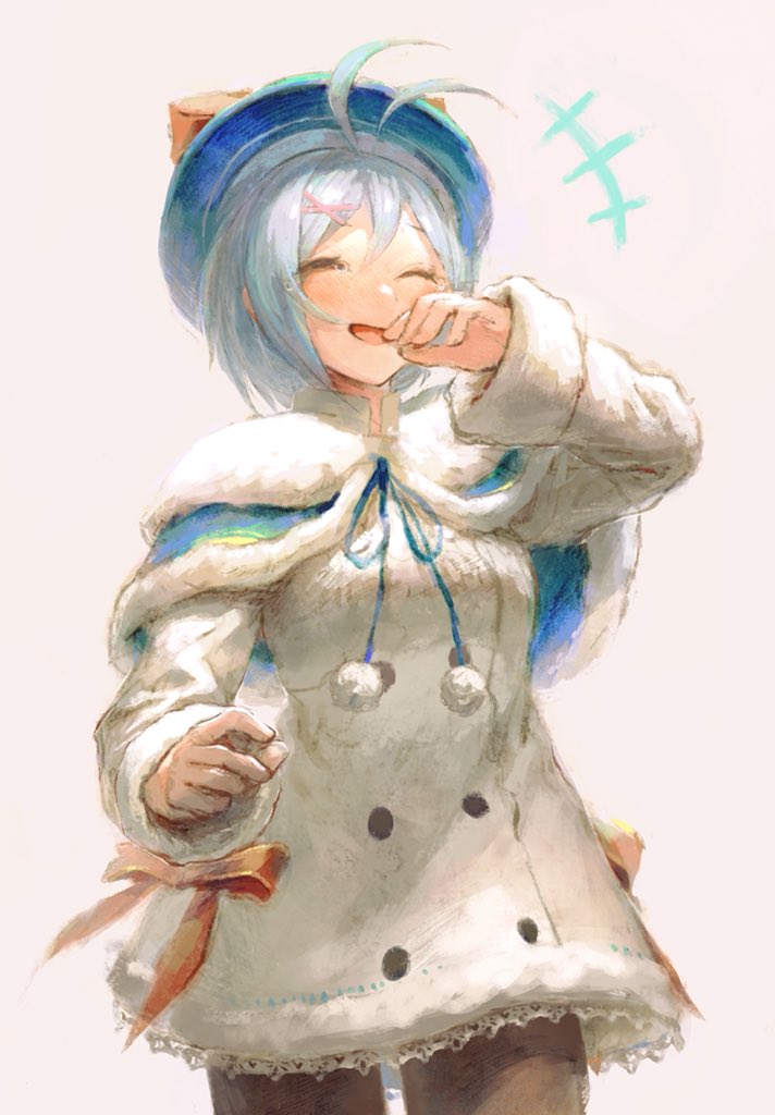+++ 1girl :d antenna_hair blue_capelet brown_legwear buttons capelet closed_eyes coat dennou_shoujo_youtuber_siro double-breasted facing_viewer fur-trimmed_capelet fur_trim grey_background hair_ornament hairclip hand_up hat laughing long_sleeves open_mouth pantyhose pom_pom_(clothes) red_ribbon ribbon simple_background siro_(dennou_shoujo_youtuber_siro) smile solo standing tentsuu_(tentwo) white_coat x_hair_ornament