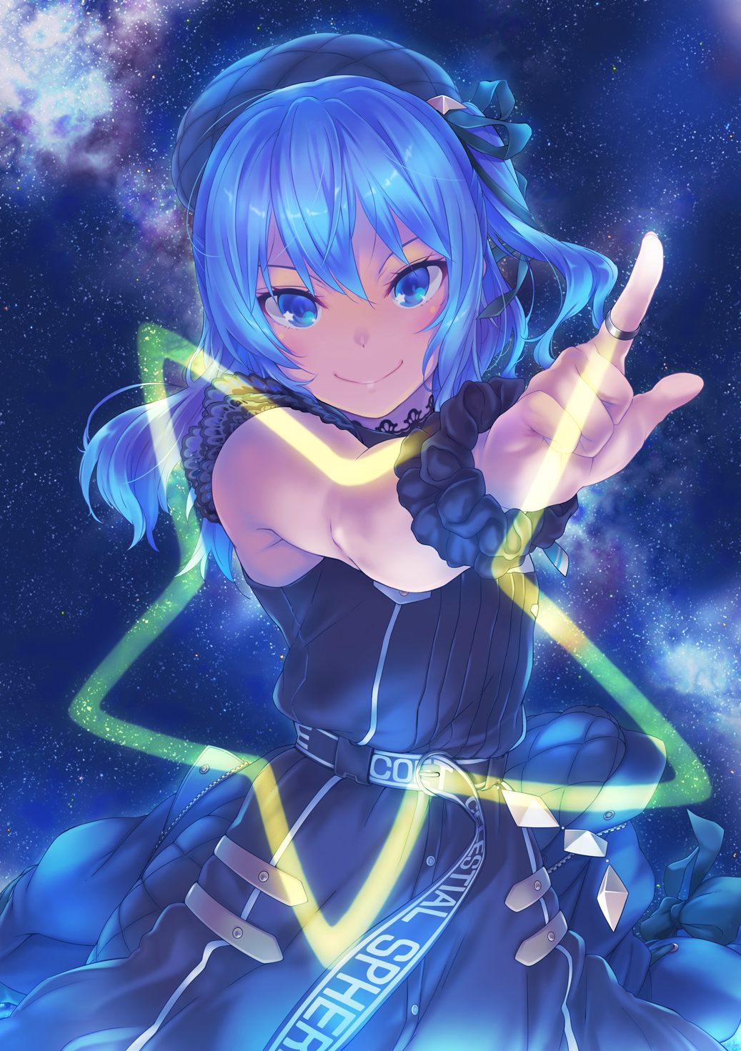 1girl bangs belt belt_buckle beret black_dress blue_eyes blue_hair buckle closed_mouth commentary_request dress eyebrows_behind_hair flat_chest hat highres hololive hoshimachi_suisei index_finger_raised jewelry long_hair looking_at_viewer nanakusa one_side_up outstretched_arm ring scrunchie sleeveless sleeveless_dress smile snap-fit_buckle space star_(symbol) star_in_eye symbol_in_eye wrist_scrunchie