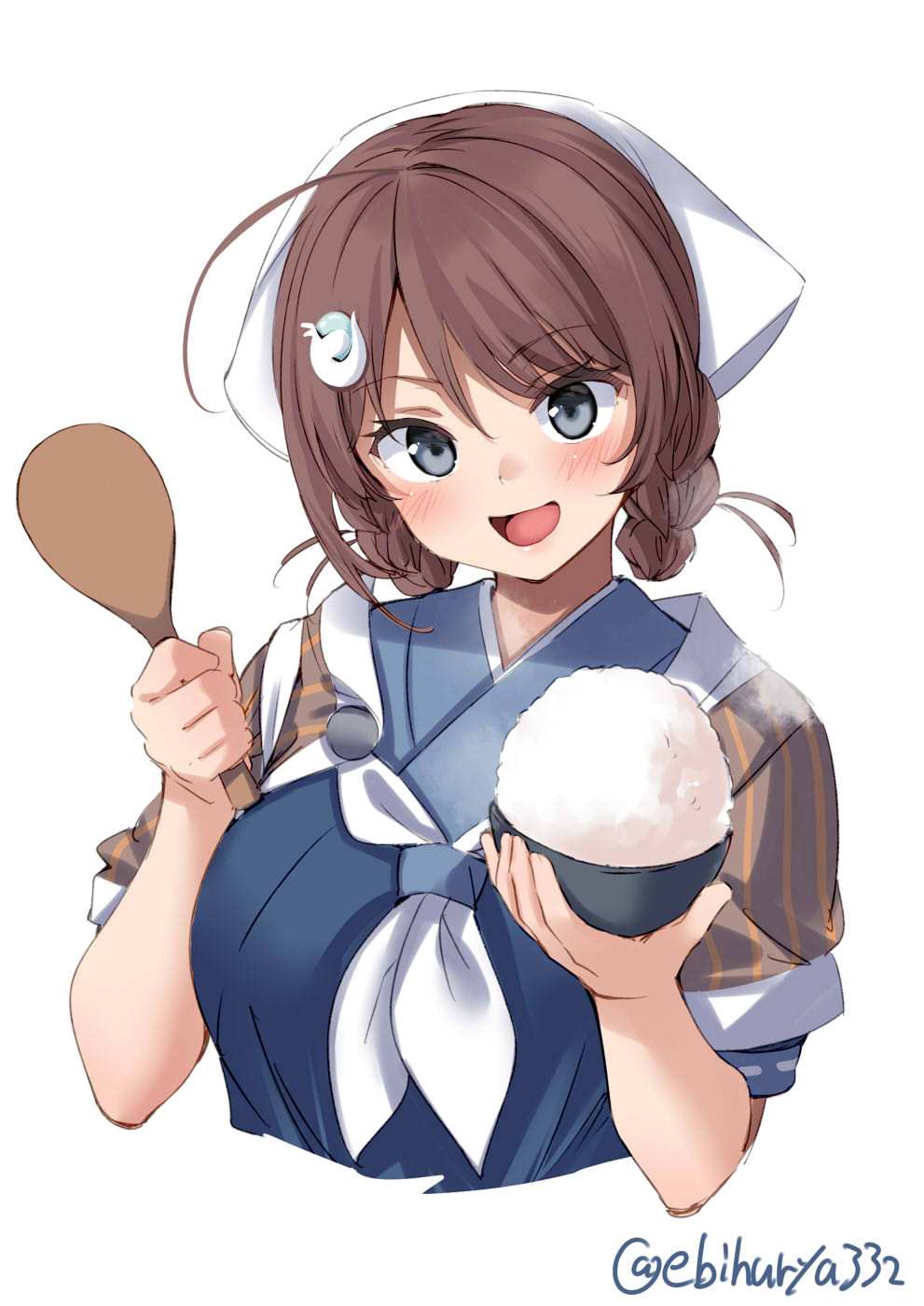 1girl ahoge blush bowl braid brown_hair brown_shawl chougei_(kancolle) ebifurya eyebrows_visible_through_hair food grey_eyes hair_rings highres holding holding_bowl japanese_clothes kantai_collection long_hair looking_at_viewer neckerchief open_mouth rice rice_bowl shawl short_sleeves simple_background smile solo twin_braids twitter_username upper_body white_background white_neckwear