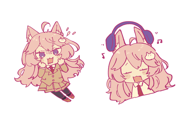 1girl :3 ahoge alternate_costume animal_ear_fluff animal_ears bags_under_eyes bangs beamed_eighth_notes blush cat_ears cat_girl cat_hair_ornament closed_eyes collared_shirt commentary_request commission cosplay eighth_note hair_between_eyes hair_ornament headphones kuroki_tomoko kuroki_tomoko_(cosplay) listening_to_music long_hair looking_at_viewer musical_note necktie no1shyv nyatasha_nyanners open_mouth pantyhose pink_hair red_neckwear school_uniform shirt short_sleeves skeb_commission skirt smile solo surprised tail tail_grab violet_eyes virtual_youtuber vshojo watashi_ga_motenai_no_wa_dou_kangaetemo_omaera_ga_warui! wavy_mouth white_shirt