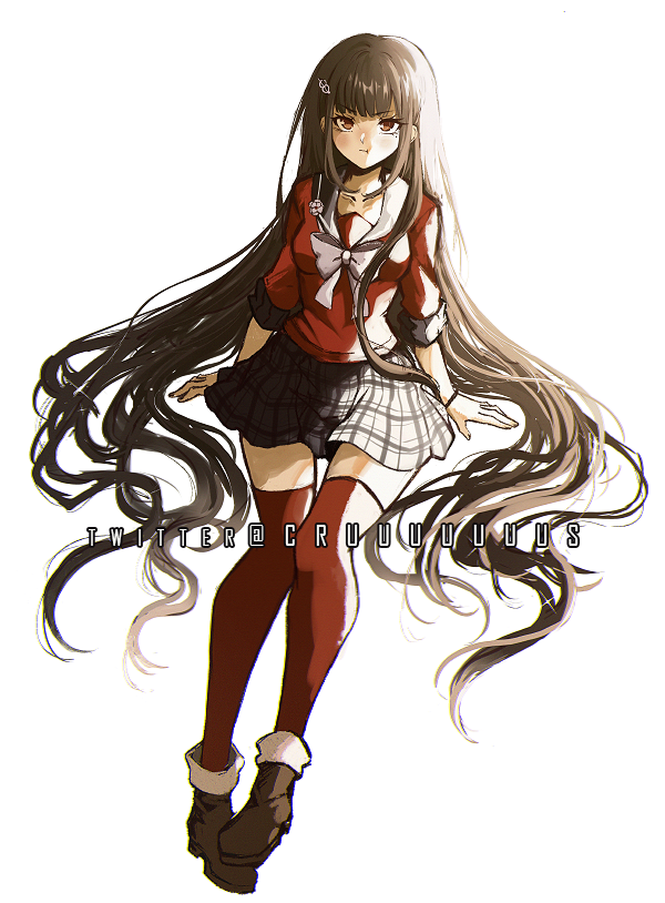 1girl absurdly_long_hair arm_support bangs black_sailor_collar breasts brown_footwear brown_hair collarbone criis-chan danganronpa_(series) danganronpa_v3:_killing_harmony eyebrows_visible_through_hair full_body hair_ornament hairclip harukawa_maki long_hair looking_at_viewer medium_breasts plaid plaid_skirt pout red_legwear red_shirt sailor_collar school_uniform shiny shiny_hair shirt shoes simple_background sitting skirt thigh-highs very_long_hair white_background white_neckwear zettai_ryouiki