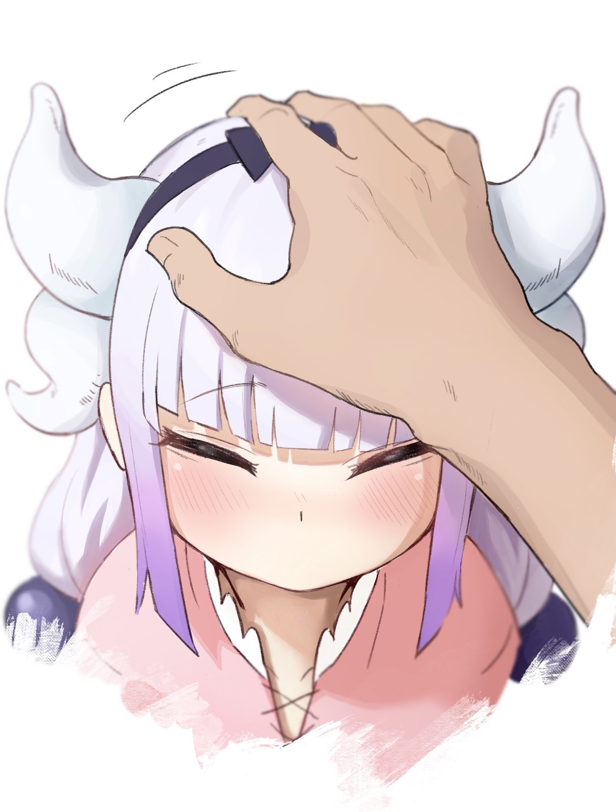 1girl ^_^ bangs black_hairband blunt_bangs blurry blush chagama_teishoku child closed_eyes collarbone cropped_torso depth_of_field disembodied_limb dot_nose dress eyebrows_visible_through_hair flat_chest gradient_hair hair_ornament hairband hand_on_another's_head headpat highres horns kanna_kamui kobayashi-san_chi_no_maidragon leaning_forward long_hair motion_lines multicolored_hair no_mouth nose_blush pink_dress pov purple_hair sidelocks simple_background solo_focus straight-on symbol-only_commentary two-tone_hair upper_body white_background white_hair white_horns