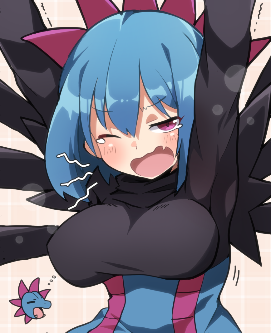 1girl arms_up bangs blue_hair blush breasts bubble commentary_request eyebrows_visible_through_hair fang hair_between_eyes hydreigon looking_at_viewer maks_(makusu_210) one_eye_closed open_mouth personification pokemon tearing_up tongue trembling upper_body violet_eyes yawning