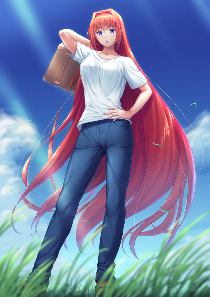 1girl aozaki_aoko arm_up bangs blue_eyes blue_pants blue_sky breasts clouds day denim hair_between_eyes hair_intakes hand_on_hip holding holding_suitcase jeans long_hair looking_at_viewer medium_breasts melty_blood miyai_sen open_mouth outdoors pants pocket redhead shirt short_sleeves sidelocks sky smile solo suitcase sunlight t-shirt tsukihime type-moon very_long_hair white_shirt wind
