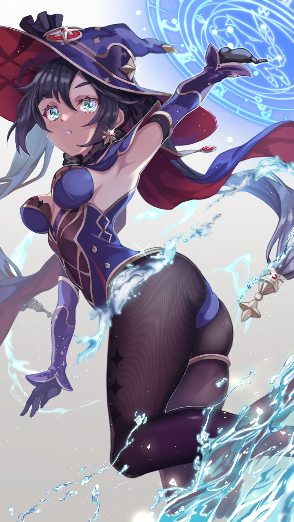 1girl arm_up armpits ass asymmetrical_bangs bangs black_gloves black_legwear breasts genshin_impact gloves green_eyes hat hatori_you highres leotard mona_(genshin_impact) pantyhose parted_lips purple_hair sideboob small_breasts solo twintails water witch_hat