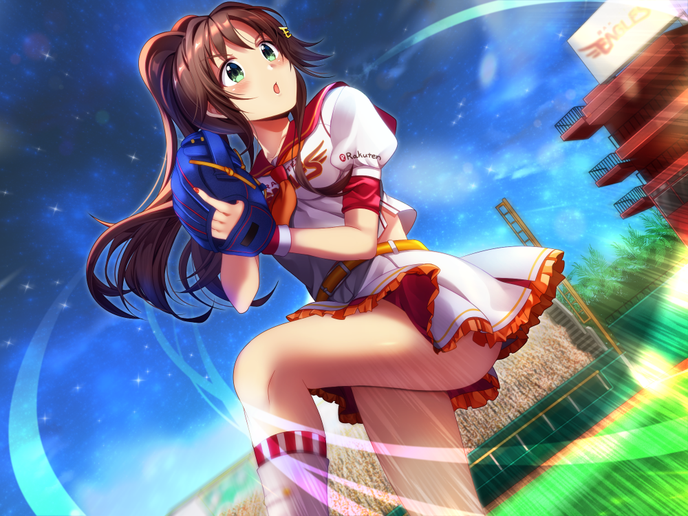 1girl baseball_mitt blush brown_hair collared_shirt dutch_angle floating_hair frilled_skirt frills green_eyes himekawa_yuki idolmaster idolmaster_cinderella_girls long_hair miniskirt nail_polish open_mouth orange_neckwear outdoors ponytail red_nails red_sailor_collar sailor_collar sailor_shirt school_uniform serafuku shiny shiny_hair shirt short_sleeves skirt solo standing standing_on_one_leg very_long_hair white_shirt white_skirt z.nov