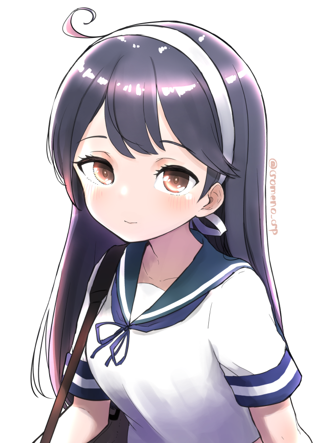 1girl ahoge black_hair blush brown_eyes closed_mouth green_sailor_collar headband kantai_collection light_smile long_hair remodel_(kantai_collection) ribbon sailor_collar school_uniform serafuku short_sleeves simple_background solo someno_haru upper_body ushio_(kancolle) white_background white_headband white_ribbon