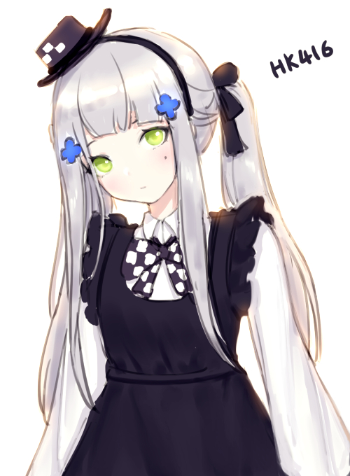 1girl black_bow black_dress black_hairband black_neckwear blush bow bowtie character_name closed_mouth dress girls_frontline green_eyes grey_hair hairband hat head_tilt hk416_(girls'_frontline) long_hair long_sleeves looking_at_viewer mini_hat mini_top_hat mole mole_under_eye pinafore_dress shirt simple_background siun solo top_hat white_background white_shirt