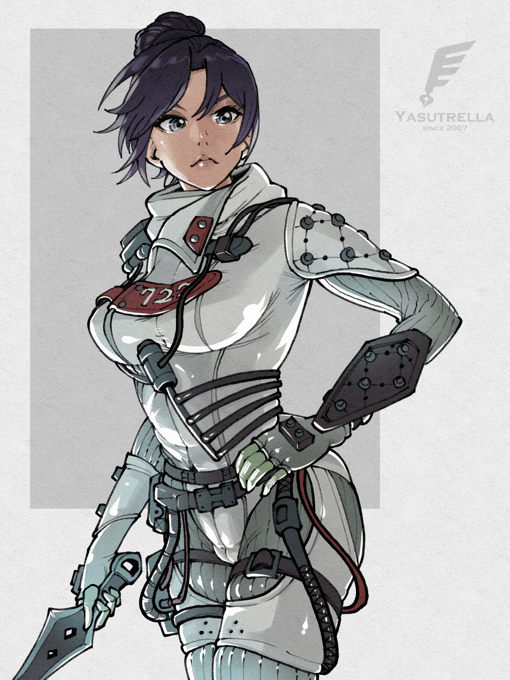 1girl apex_legends bangs black_eyes black_hair bodysuit breasts cable eyebrows_behind_hair gloves grey_gloves hand_on_hip highres holding holding_knife knife kunai looking_to_the_side medium_breasts official_alternate_costume parted_bangs quarantine_722_wraith solo weapon white_bodysuit wraith's_kunai wraith_(apex_legends) yasutrella