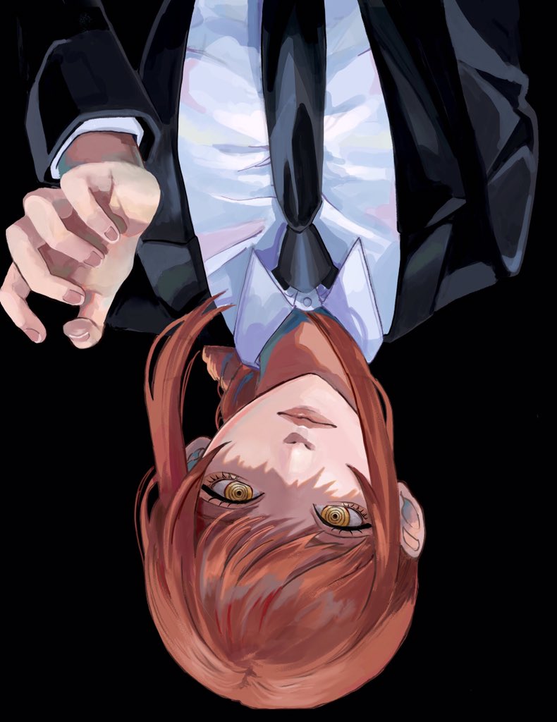 1girl black_background black_jacket black_neckwear black_suit braid braided_ponytail chainsaw_man closed_mouth collared_shirt commentary dress_shirt expressionless eyelashes jacket lips long_sleeves looking_at_viewer makima_(chainsaw_man) medium_hair necktie open_clothes open_jacket redhead ringed_eyes shirt sidelocks simple_background solo upper_body upside-down white_shirt wing_collar yellow_eyes yusen_xx