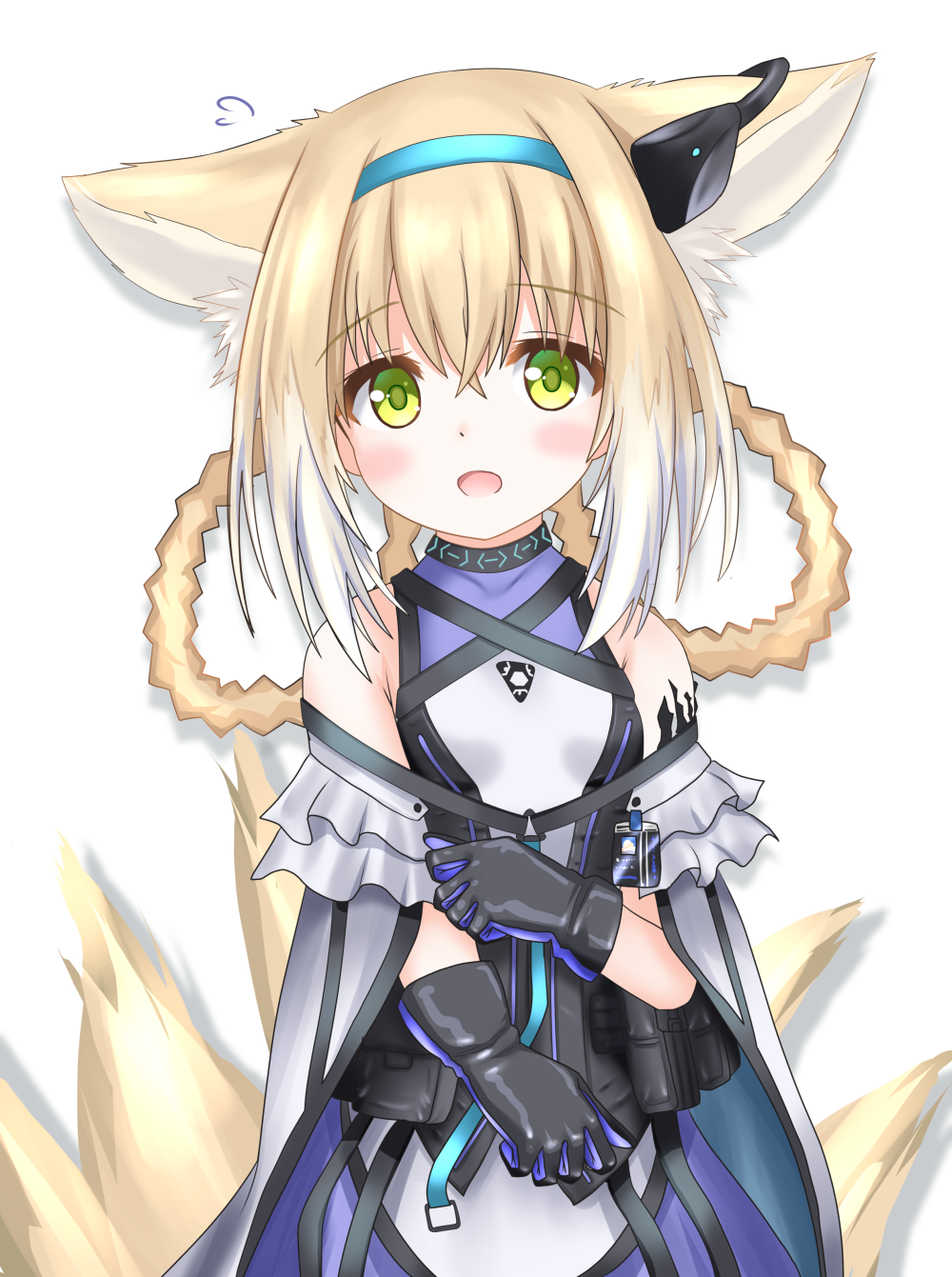 1girl :d animal_ear_fluff animal_ears arknights bangs bare_shoulders black_gloves blonde_hair blue_hairband blush braid breasts cloak covered_collarbone eyebrows_visible_through_hair flying_sweatdrops fox_ears fox_girl fox_tail gloves green_eyes hair_between_eyes hair_rings hairband highres kitsune langley1000 long_hair looking_at_viewer open_mouth purple_shirt purple_skirt shirt simple_background skirt sleeveless sleeveless_shirt small_breasts smile solo suzuran_(arknights) tail twin_braids white_background white_cloak white_shirt