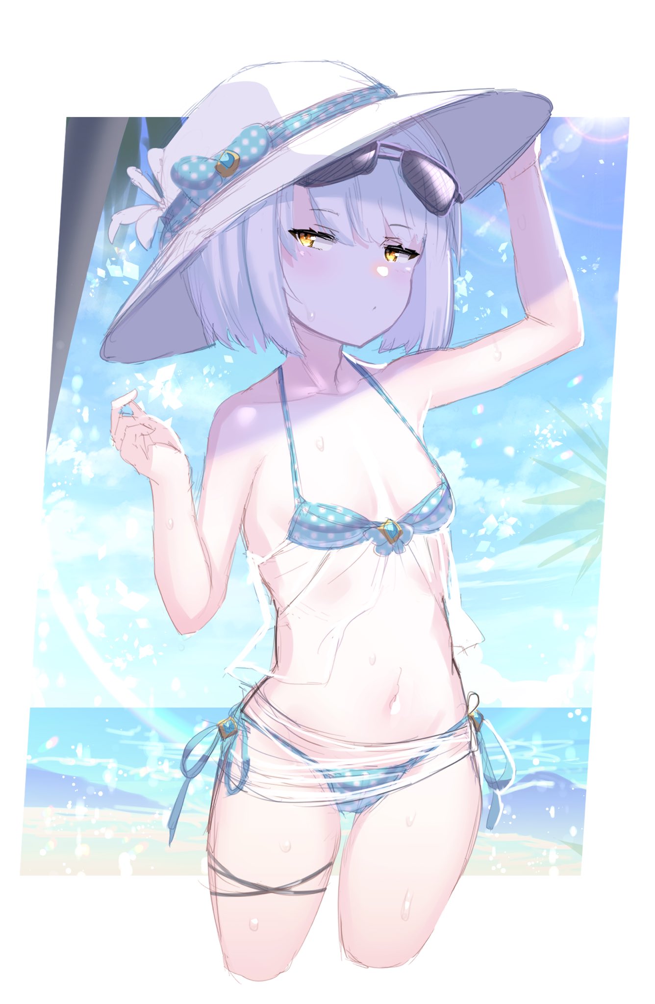 1girl bare_arms bare_shoulders beach bikini blue_bikini blush bob_cut border bow breasts closed_mouth cowboy_shot cropped_legs flower hand_on_headwear hand_up hat hat_bow hat_flower highres looking_at_viewer navel ocean sarong sketch small_breasts solo sun_hat swimsuit unizou viprpg white_border white_hair white_headwear yellow_eyes