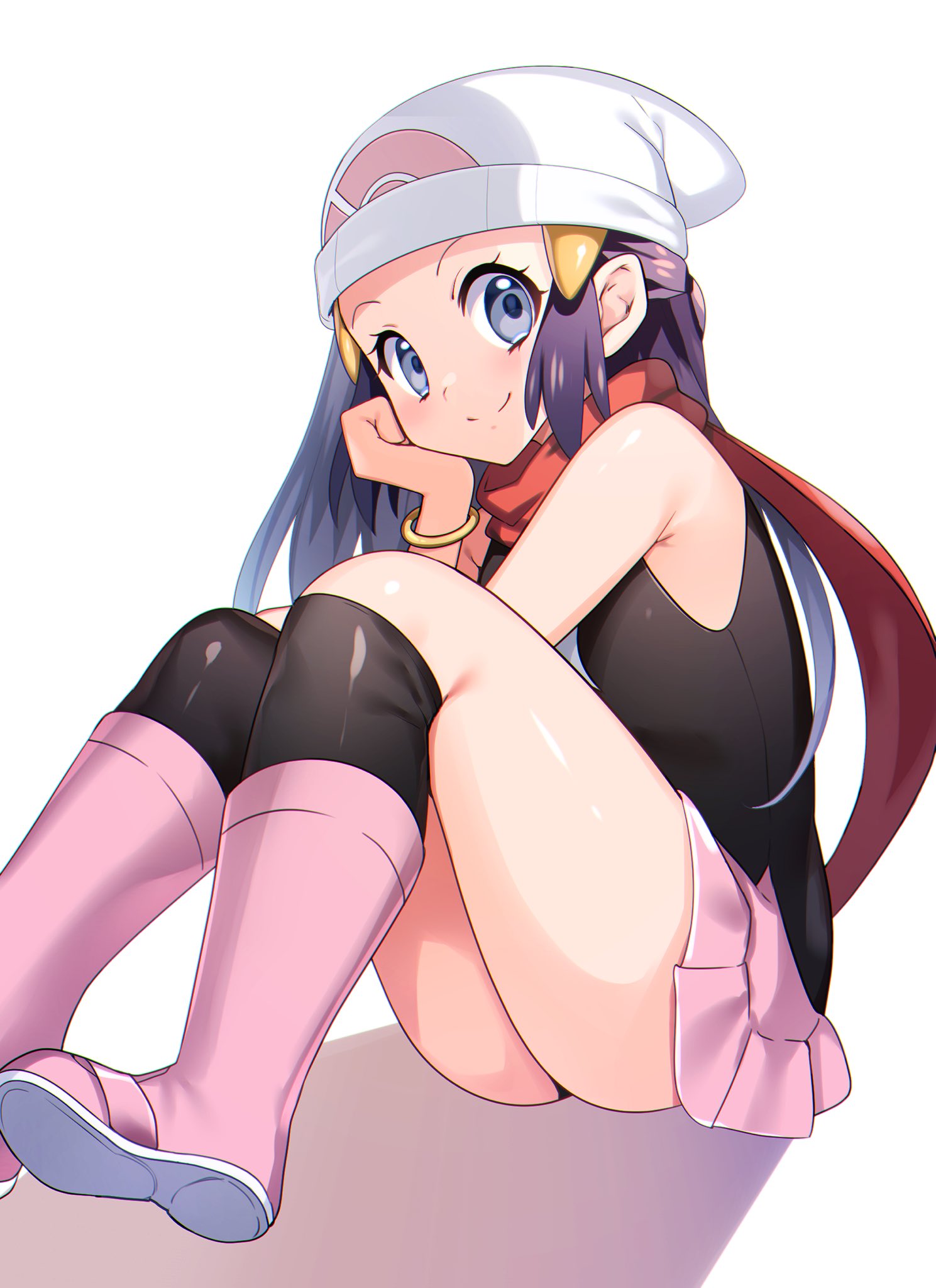 1girl bare_shoulders beanie black_hair black_legwear black_shirt boots bracelet closed_mouth commentary_request hikari_(pokemon) full_body hair_ornament hairclip hat head_rest highres jewelry knee_boots knees_up long_hair looking_at_viewer miniskirt pink_footwear pink_skirt pokemon pokemon_(game) pokemon_dppt red_scarf scarf shadow shiny shiny_hair shiny_skin shirt siblings simple_background sisters skirt sleeveless sleeveless_shirt smile solo thighs white_background yuihico