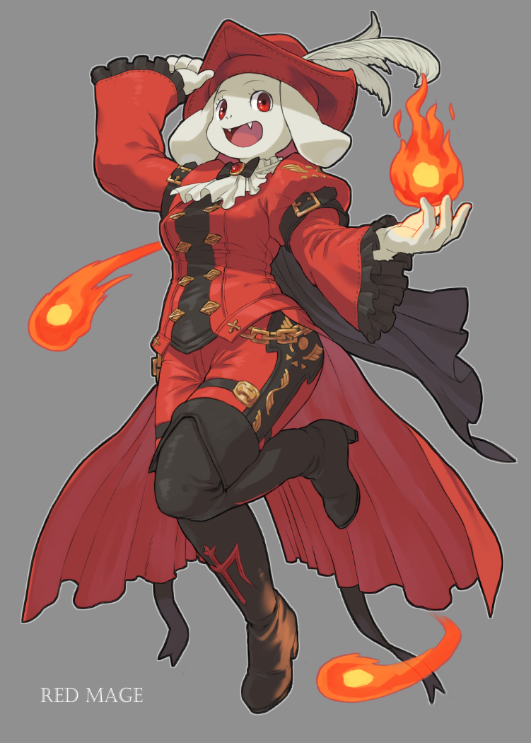 1girl amber_graygamma animal_ears ascot bow bowtie brooch cape cosplay element_bending fangs final_fantasy final_fantasy_xiv fire frilled_sleeves frills goat_ears goat_girl hat hat_feather jewelry red_eyes red_mage red_mage_(cosplay) solo toriel undertale