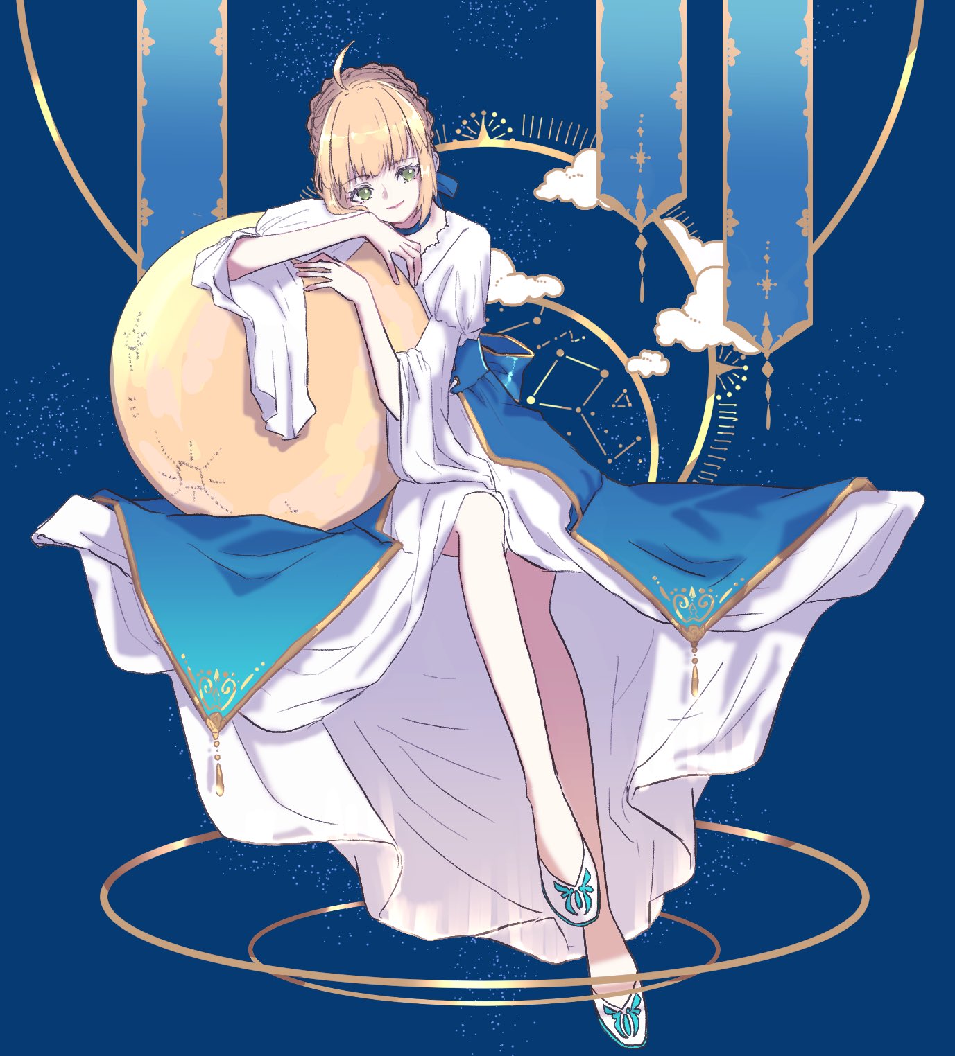 1girl ahoge alternate_costume artoria_pendragon_(fate) bare_legs blonde_hair blue_background blue_ribbon braid choker constellation_print crown_braid fate/stay_night fate_(series) french_braid green_eyes highres leaning_on_object legs long_legs looking_at_viewer ribbon roku_(ntbr_fate) smile solo white_footwear