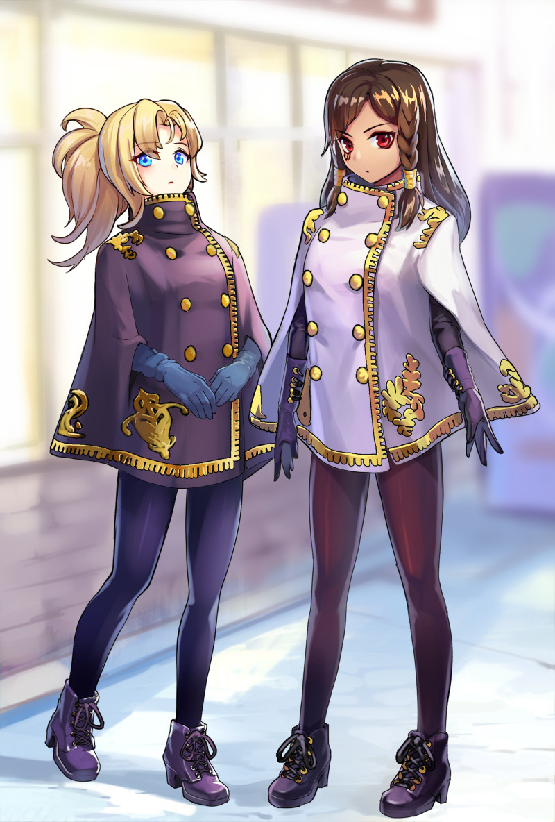 2girls alternate_costume ankle_boots blonde_hair blue_eyes blue_gloves boots braid brown_legwear buttons character_request closed_mouth double-breasted eye_of_horus facial_mark gloves hair_tubes kagawa_ichigo long_hair looking_at_viewer multiple_girls overwatch pantyhose pharah_(overwatch) ponytail purple_footwear purple_gloves purple_legwear side_braid standing