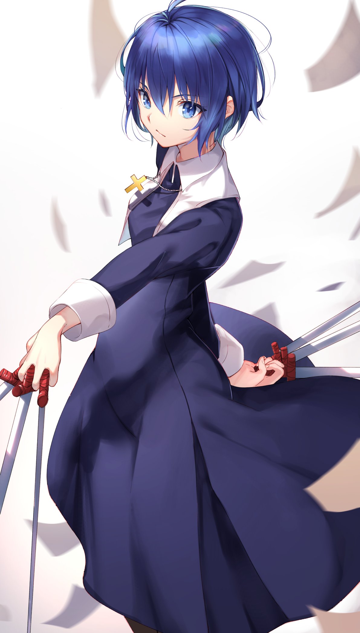 1girl ahoge bangs between_fingers black_dress black_keys_(type-moon) blue_eyes blue_hair breasts ciel_(tsukihime) closed_mouth commentary_request cross cross_necklace dress dual_wielding eyebrows_visible_through_hair fingernails habit hair_between_eyes herigaru_(fvgyvr000) highres holding holding_sword holding_weapon jewelry long_dress long_sleeves looking_away necklace nun short_hair small_breasts solo sword tsukihime tsukihime_(remake) weapon