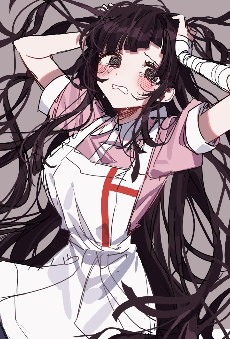 1girl 3j_dangan apron arms_up bandaged_arm bandages bangs black_hair blush collared_shirt danganronpa_(series) danganronpa_2:_goodbye_despair grey_background hands_on_own_head highres long_hair looking_at_viewer messy_hair mole mole_under_eye open_mouth pink_shirt puffy_short_sleeves puffy_sleeves shirt short_sleeves simple_background skirt solo tears teeth tsumiki_mikan very_long_hair white_apron