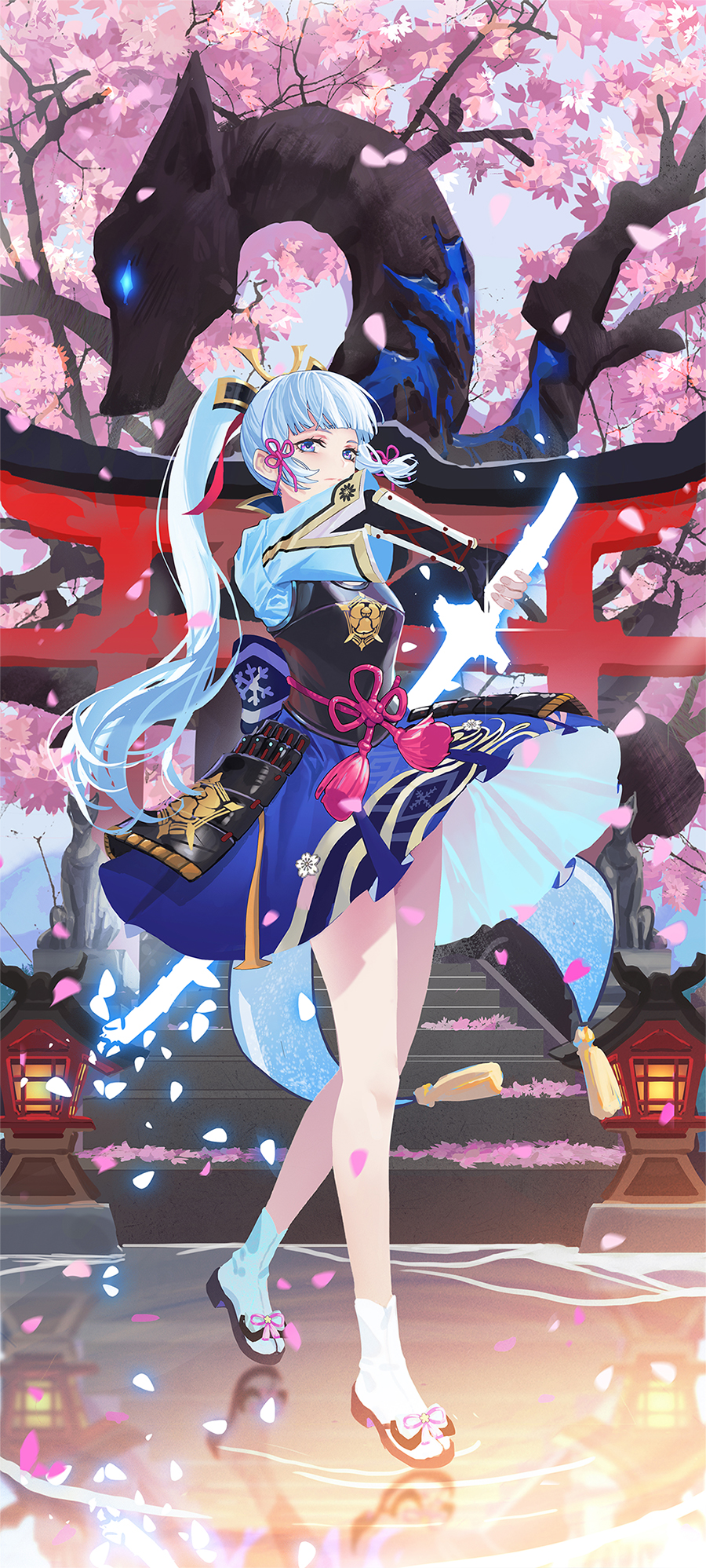 1girl armor armored_dress bangs bitter_experience blue_eyes blunt_bangs breastplate cherry_blossoms crystal_sword drawing_sword falling_petals floating_hair full_body genshin_impact geta hair_ornament hair_ribbon highres holding holding_sword holding_weapon kamisato_ayaka legs light_blue_hair long_hair outdoors petals ponytail ribbon rope_belt sidelocks solo standing statue sword torii tree tress_ribbon vambraces very_long_hair water weapon