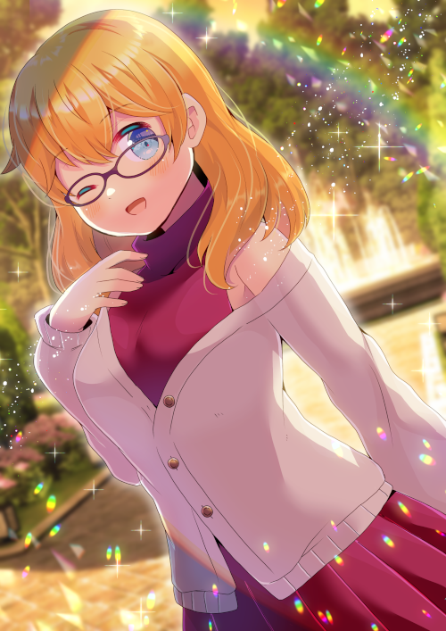 1girl ;d bangs bare_shoulders blonde_hair blue_eyes blurry blurry_background brown-framed_eyewear commission depth_of_field dutch_angle eyebrows_visible_through_hair glasses hair_between_eyes jacket kou_hiyoyo lens_flare long_hair long_sleeves looking_at_viewer off_shoulder one_eye_closed open_clothes open_jacket open_mouth original pleated_skirt red_shirt red_skirt shirt skeb_commission skirt sleeveless sleeveless_shirt sleeves_past_wrists smile solo turtleneck turtleneck_sweater white_jacket