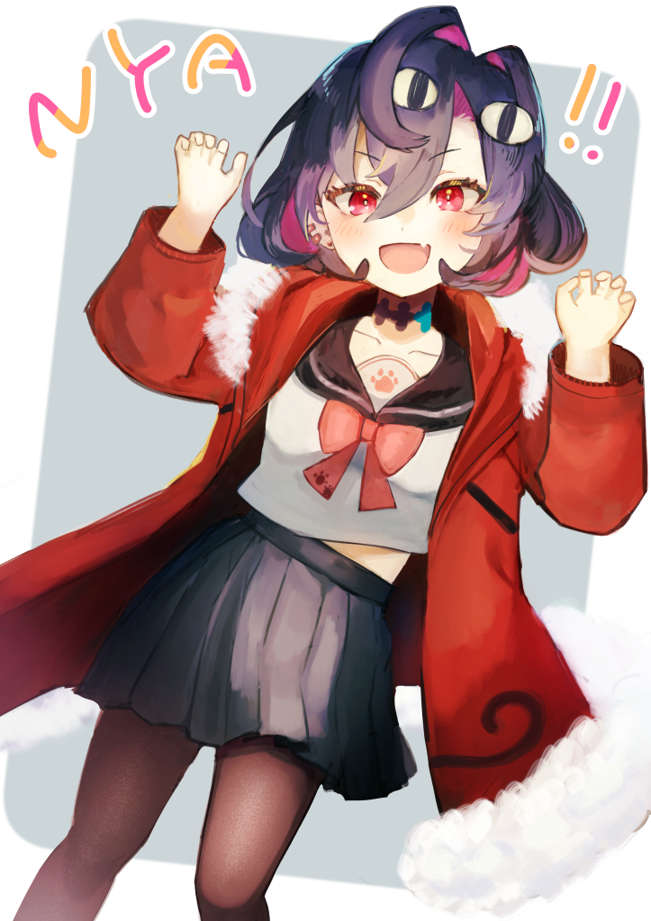 ! !! 1girl bangs black_hair black_skirt claw_pose collarbone eyebrows_visible_through_hair fang fur_trim hair_intakes jacket ko_yami multicolored_hair nijisanji nijisanji_kr open_mouth pantyhose paw_print red_jacket redhead sakura_ai school_uniform serafuku short_hair skin_fang skirt smile streaked_hair v-shaped_eyebrows virtual_youtuber