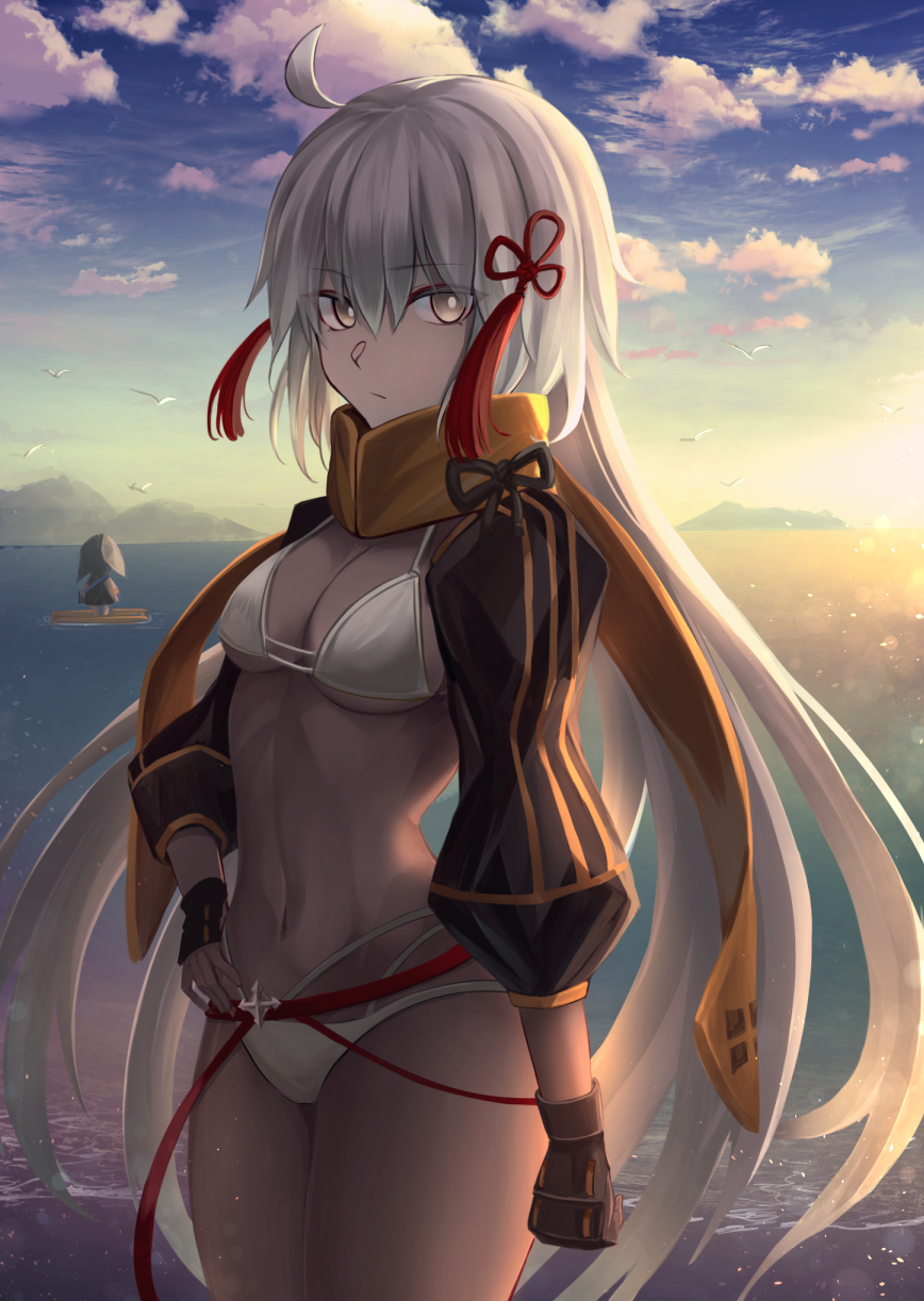 2girls ahoge bangs bikini black_jacket blue_sky breasts cropped_jacket dark-skinned_female dark_skin fate/grand_order fate_(series) gradient_sky grey_eyes highres hood hooded_jacket jacket kaze_minoru_so-ru long_hair long_sleeves looking_at_viewer medium_breasts multiple_girls navel ocean okita_souji_(alter_swimsuit_saber)_(fate) okita_souji_(fate) orange_scarf orange_sky rengoku_(fate) scarf shrug_(clothing) sky sunset swimsuit tassel thighs twilight very_long_hair wading white_bikini white_hair