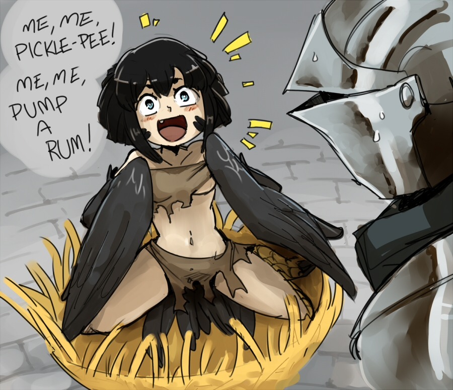 1boy 1girl :d armor ashen_one_(dark_souls_3) bangs black_feathers black_hair black_wings blue_eyes breastplate breasts dark_souls_(series) dark_souls_iii english_text fang feathered_wings full_body galaxyspark harpy helmet loincloth looking_at_another medium_breasts midriff monster_girl navel nest no_bra notice_lines open_mouth pickle_pee_pump-a-rum_crow plate_armor rags short_hair sitting smile spread_legs stone_floor tail_feathers thick_eyebrows torn_clothes under_boob wariza winged_arms wings
