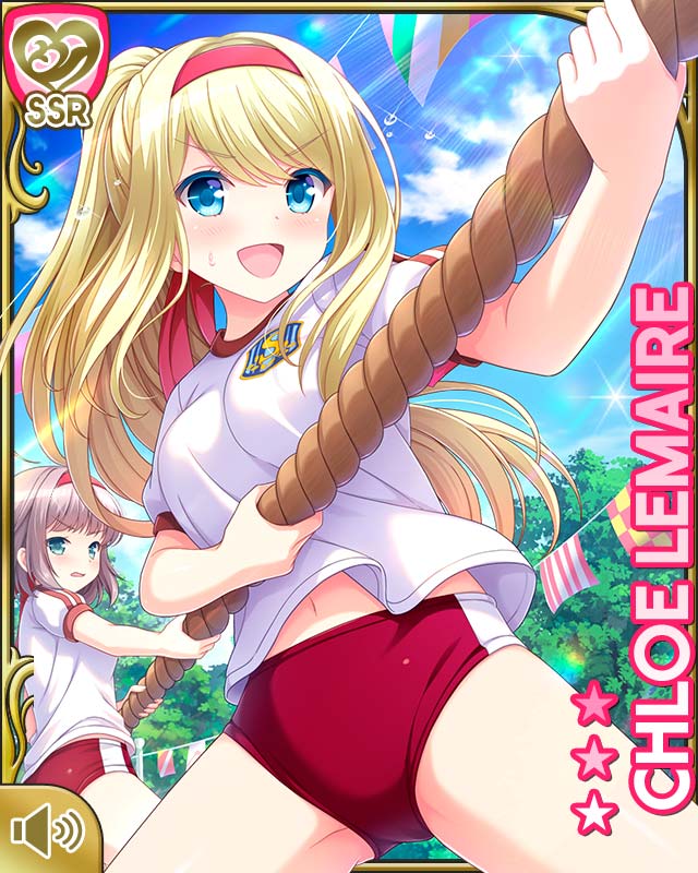 2girls ass_visible_through_thighs blonde_hair blue_eyes blush breasts brown_hair buruma character_name character_request chloe_lemaire clouds flag girlfriend_(kari) green_eyes gym_uniform headband legs_apart long_hair multiple_girls navel official_art open_mouth outdoors ponytail pulling qp:flapper red_buruma red_headband rope shirt short_hair short_sleeves sky smile sports_festival sweat thighs tug_of_war white_shirt