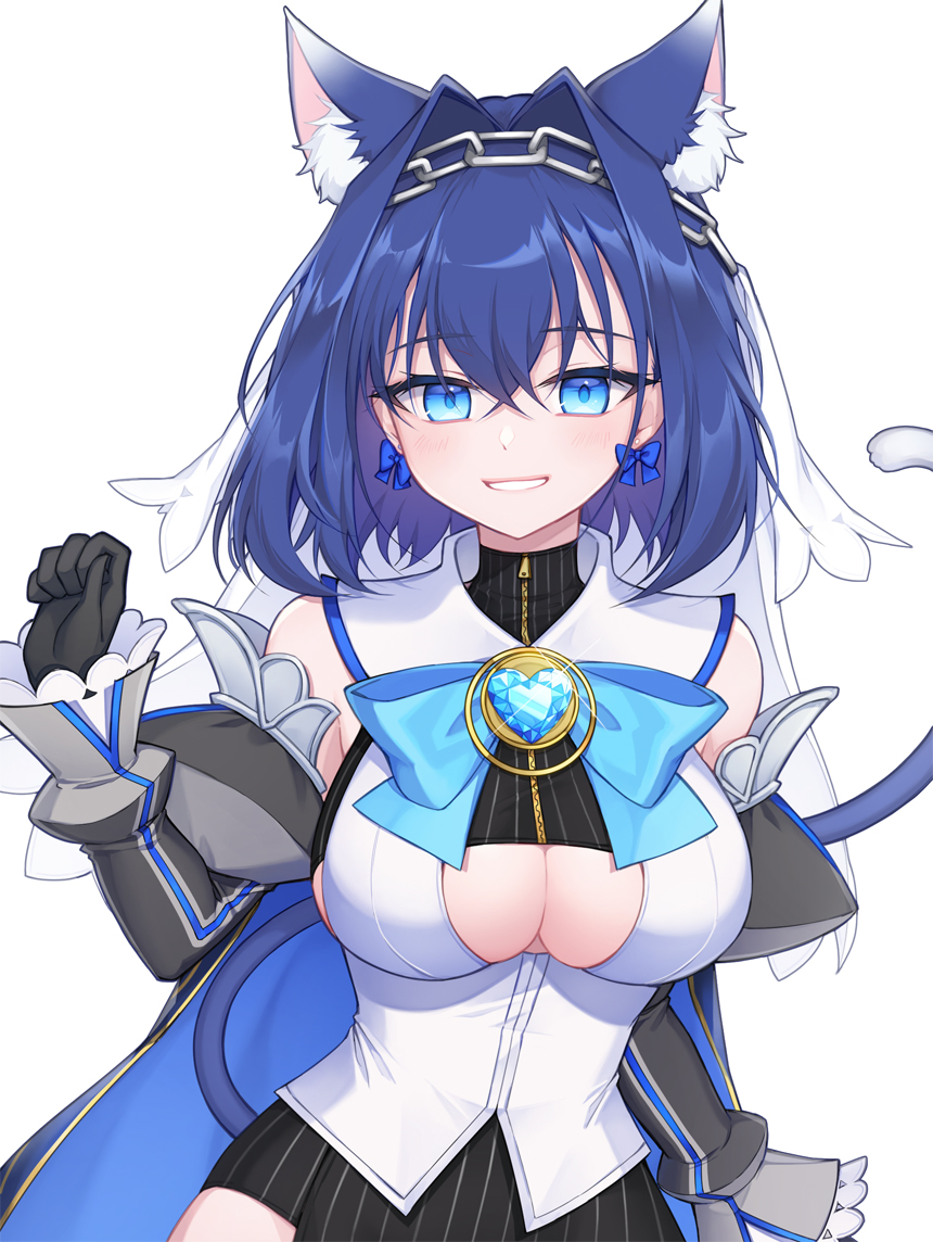 1girl animal_ears blue_eyes blue_hair bow breasts cat_ears cat_girl cat_tail chain detached_sleeves earrings eyebrows_visible_through_hair gloves hair_between_eyes hololive hololive_english jewelry large_breasts looking_at_viewer ouro_kronii parted_lips pong_(vndn124) simple_background solo tail teeth under_boob upper_body virtual_youtuber white_background