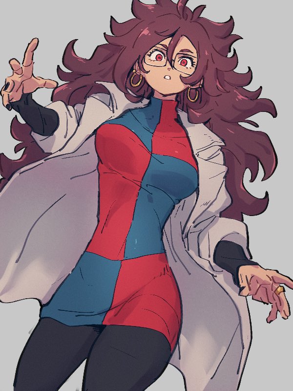 1girl android_21 breasts checkered checkered_dress dragon_ball dragon_ball_fighterz dress earrings glasses grey_background hoop_earrings jewelry kemachiku labcoat long_hair looking_at_viewer medium_breasts red_eyes redhead simple_background solo