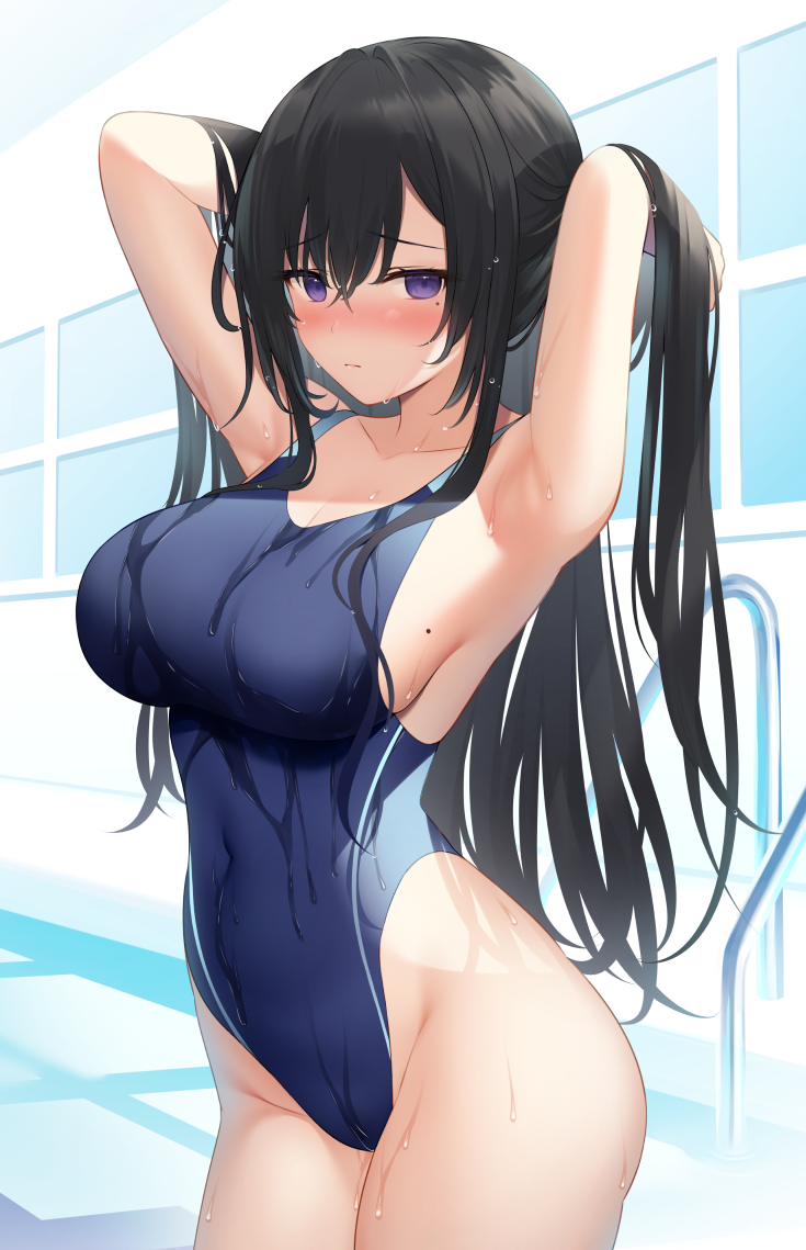 1girl armpits arms_behind_head arms_up black_hair blue_swimsuit blush breasts covered_navel cowboy_shot embarrassed frown highleg highleg_swimsuit large_breasts long_hair looking_at_viewer miko_(royal_milk) mole mole_on_breast mole_under_eye original sideboob solo standing swimsuit thighs violet_eyes wet wet_clothes wet_swimsuit
