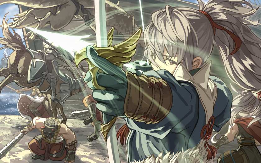 2others 3boys aiming ambiguous_gender animal archery armor arrow_(projectile) barding battle beach bead_necklace beads black_footwear black_gloves black_hair blue_sky boots bow_(weapon) bracer breastplate brown_eyes cape cavalry charging_forward clouds club_(weapon) commentary_request dated_commentary day drawing_bow ears faulds fire_emblem fire_emblem_fates foreshortening frown fujin_yumi_(fire_emblem) fur_trim glaring gloves greaves group_battle harusame_(rueken) high_ponytail holding holding_arrow holding_bow_(weapon) holding_lance holding_polearm holding_weapon horse horse_armor horseback_riding japanese_clothes jewelry jumping kanabou kneeling knight lance long_hair long_sleeves looking_ahead mask multiple_boys multiple_others necklace net ocean oni_mask outdoors polearm ponytail red_cape reins riding saddle sailing_ship sand sarashi serious shiny shiny_hair ship shore short_hair sidelocks silver_hair sky sleeveless spiked_club standing takumi_(fire_emblem) tied_hair tsurime upper_body water watercraft weapon yumi_(bow)