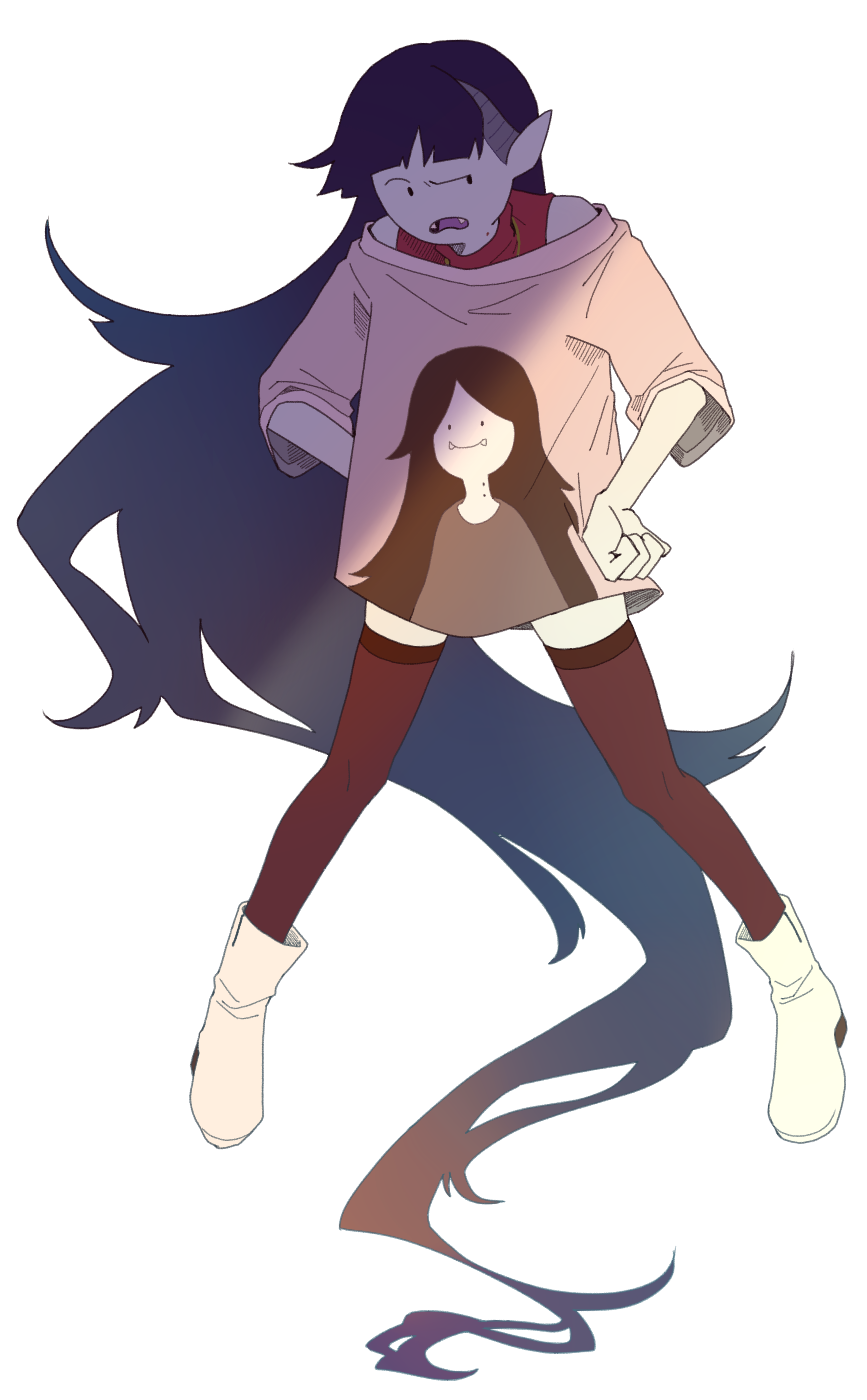 adventure_time bite_mark black_hair boots colored_skin fangs full_body grey_skin hands_on_hips highres long_hair marceline_abadeer open_mouth pointy_ears raised_eyebrow raya_(uk_0128) solo standing thigh-highs very_long_hair white_background white_footwear