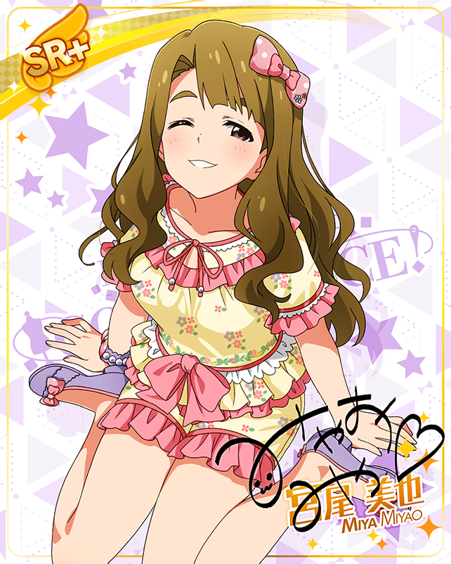 blush brown_eyes brown_hair character_name dress idolmaster_million_live!_theater_days long_hair miyao_miya smile